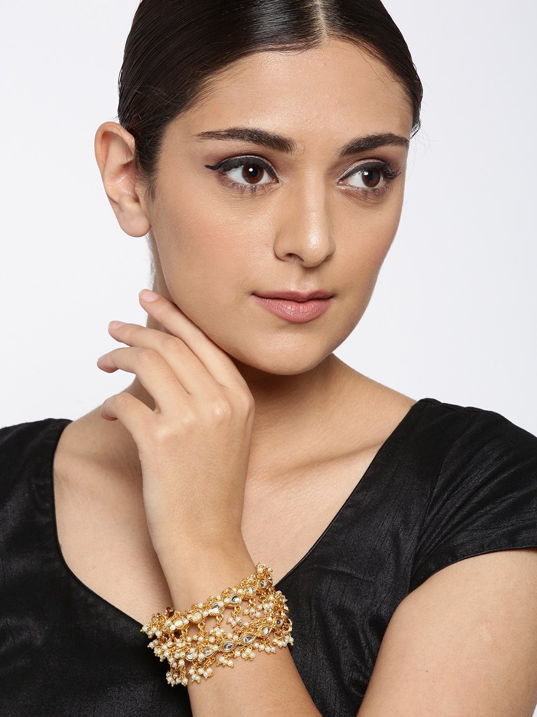 Women's Set Of 2 Gold-Plated Kundan Studded Off-White Bead Drop Bangles