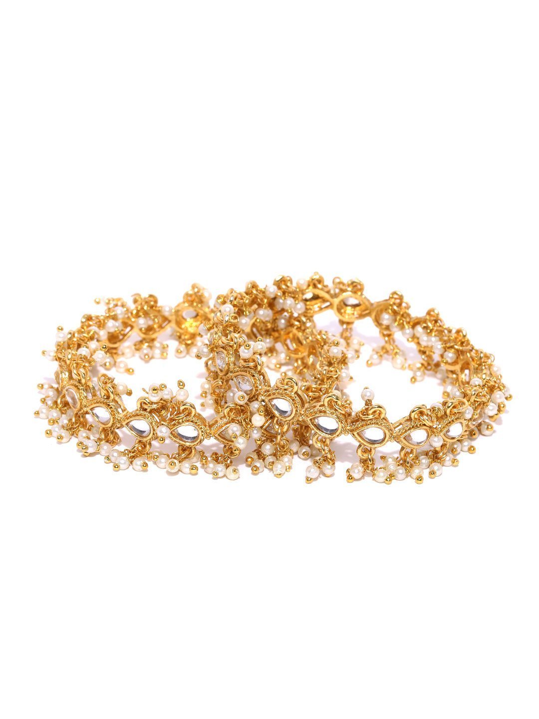 Women's Set Of 2 Gold-Plated Kundan Studded Off-White Bead Drop Bangles