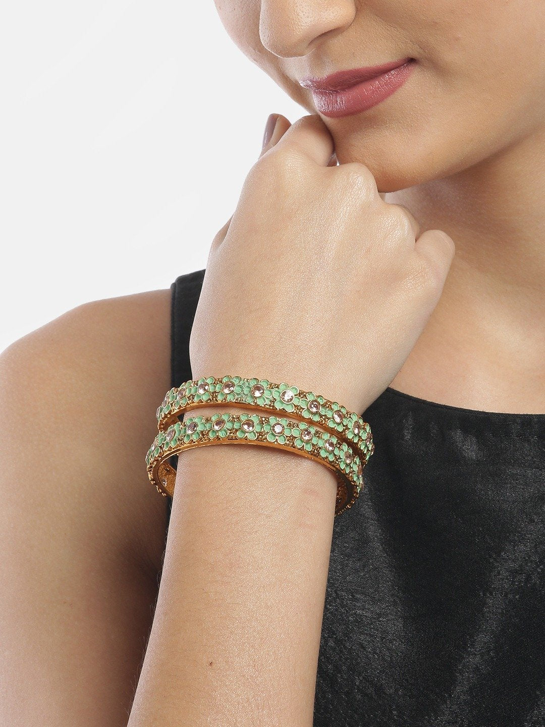 Women's Set of 2 Gold Plated Green Flower Shaped Bangles