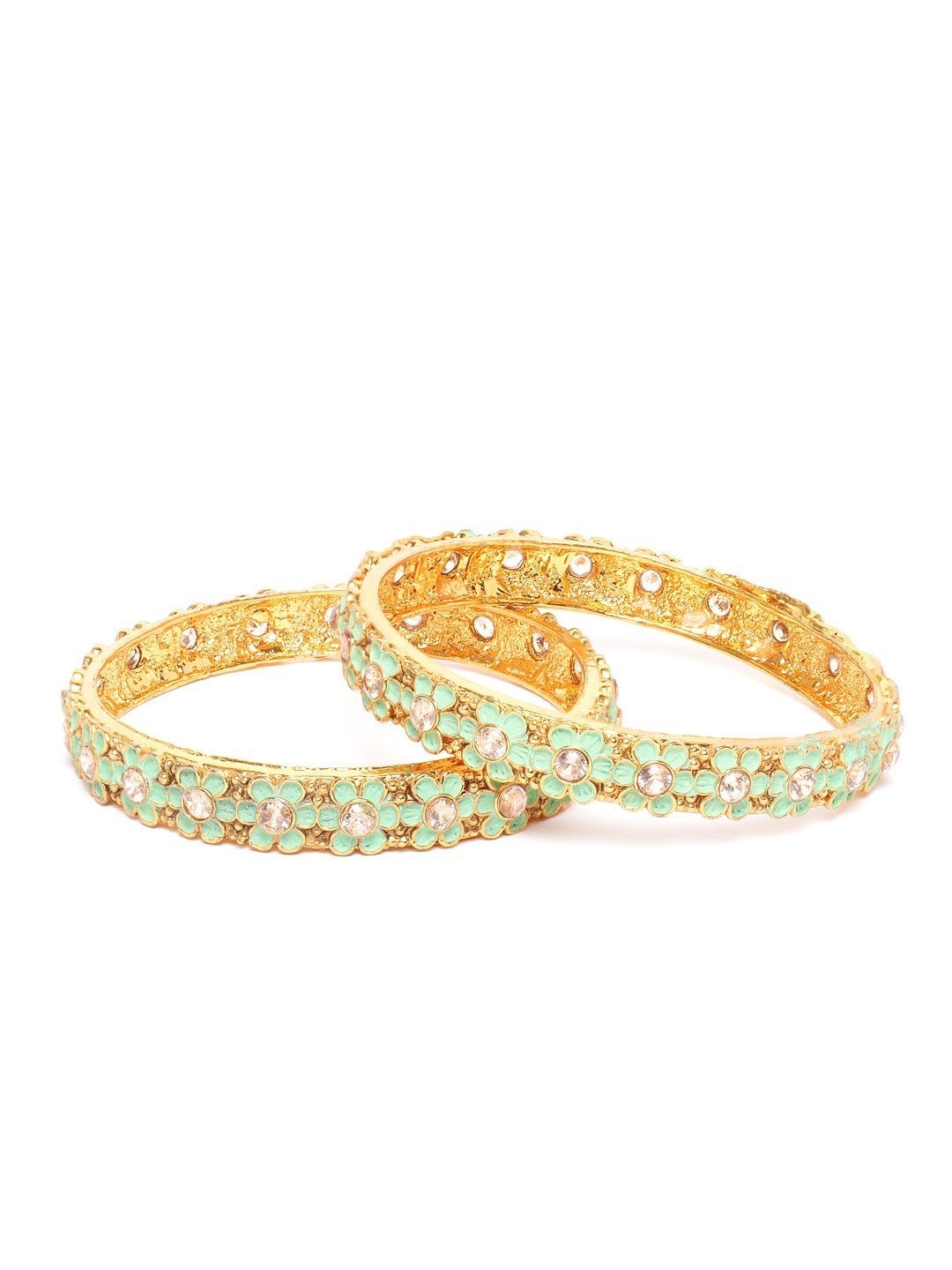 Women's Set of 2 Gold Plated Green Flower Shaped Bangles