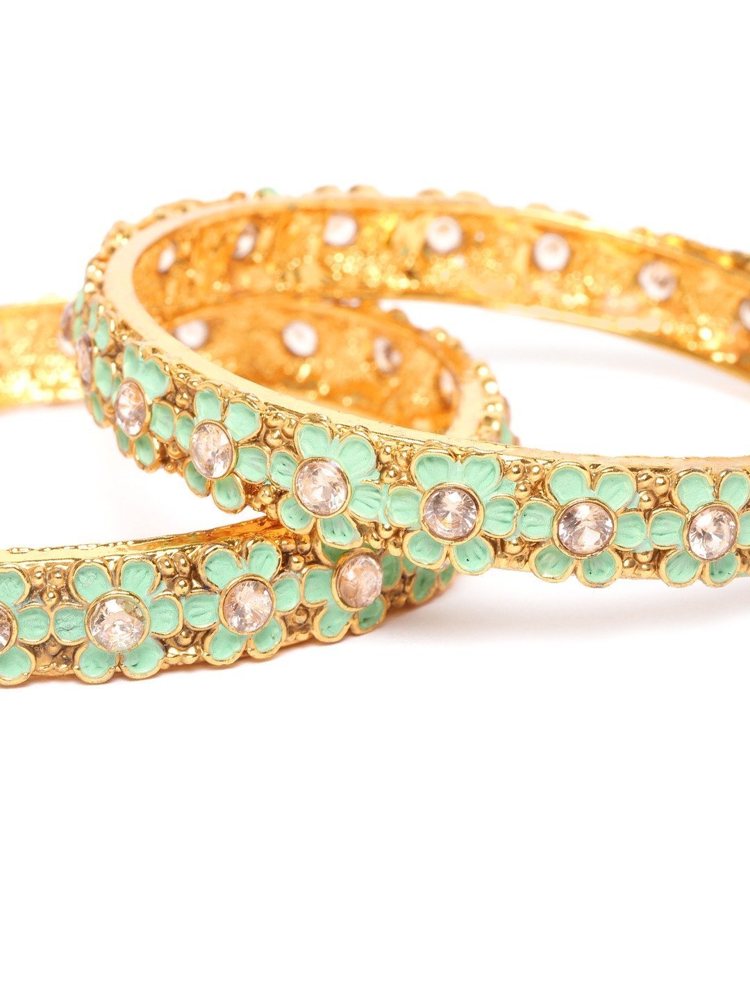 Women's Set of 2 Gold Plated Green Flower Shaped Bangles