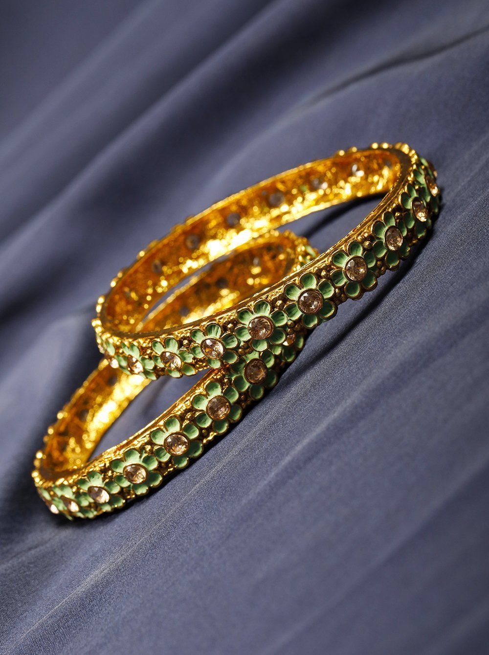 Women's Set of 2 Gold Plated Green Flower Shaped Bangles