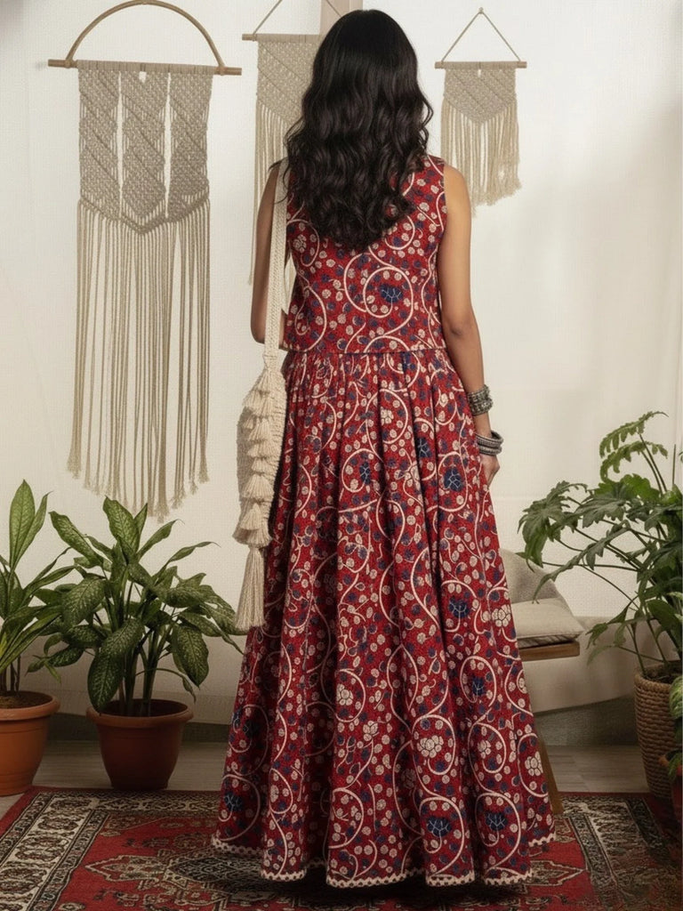 Women's Red Cotton Lace detailing Waistcoat with Skirt