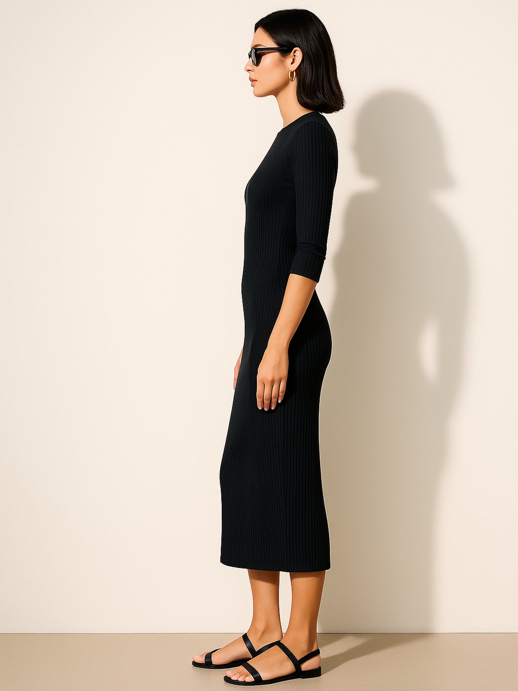 Women's Black Rib Mock Round Neck Midi Dress