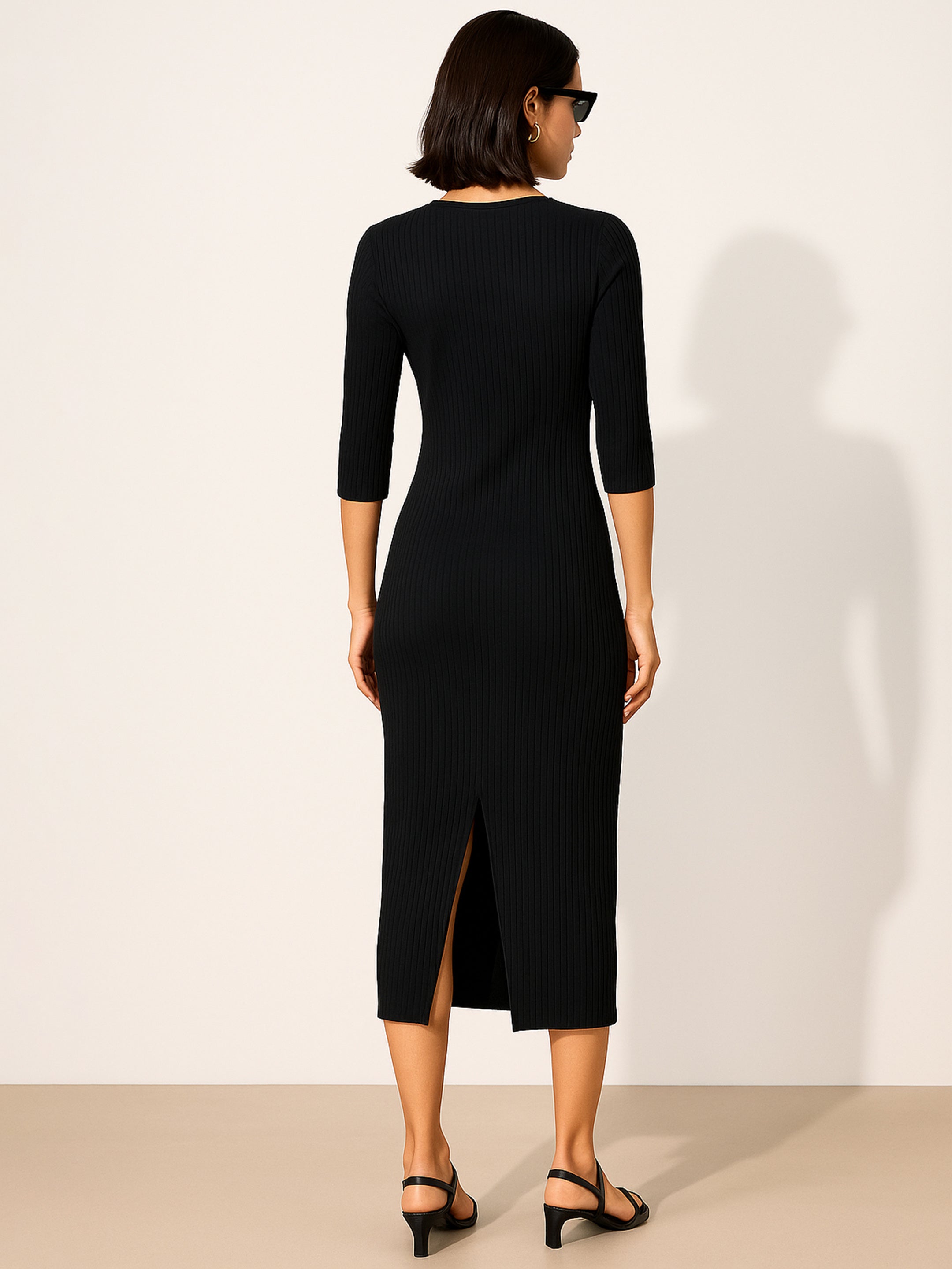 Women's Black Rib Mock Round Neck Midi Dress