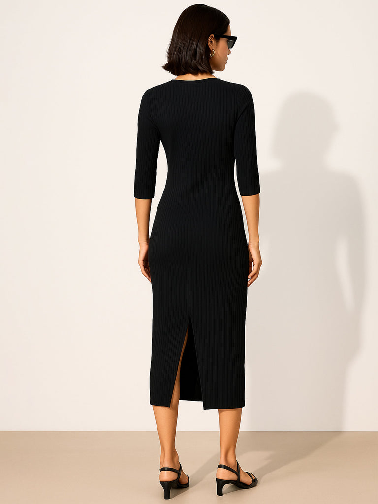 Women's Black Rib Mock Round Neck Midi Dress