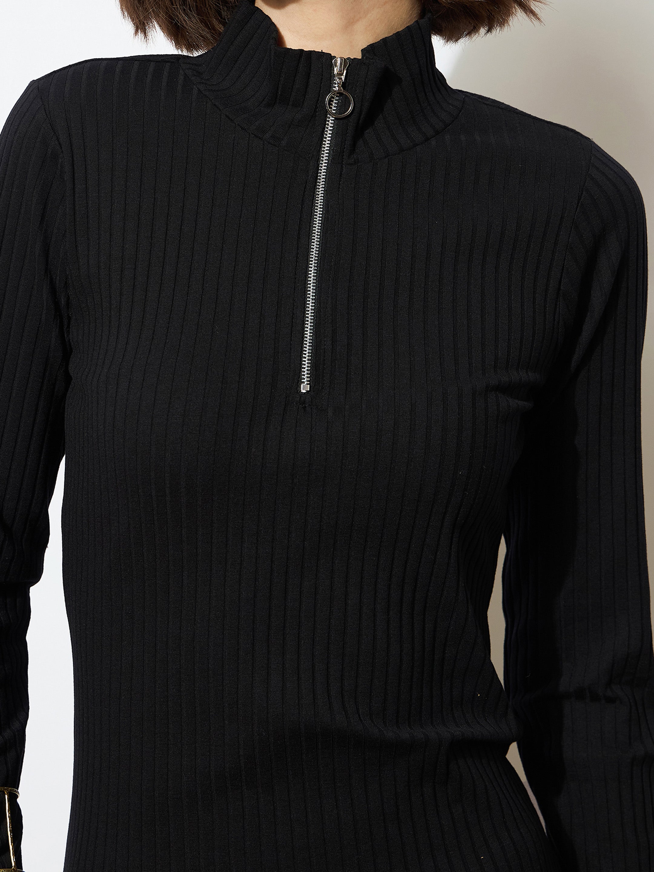 Women's Black Rib High Neck Front Half Zipper Dress