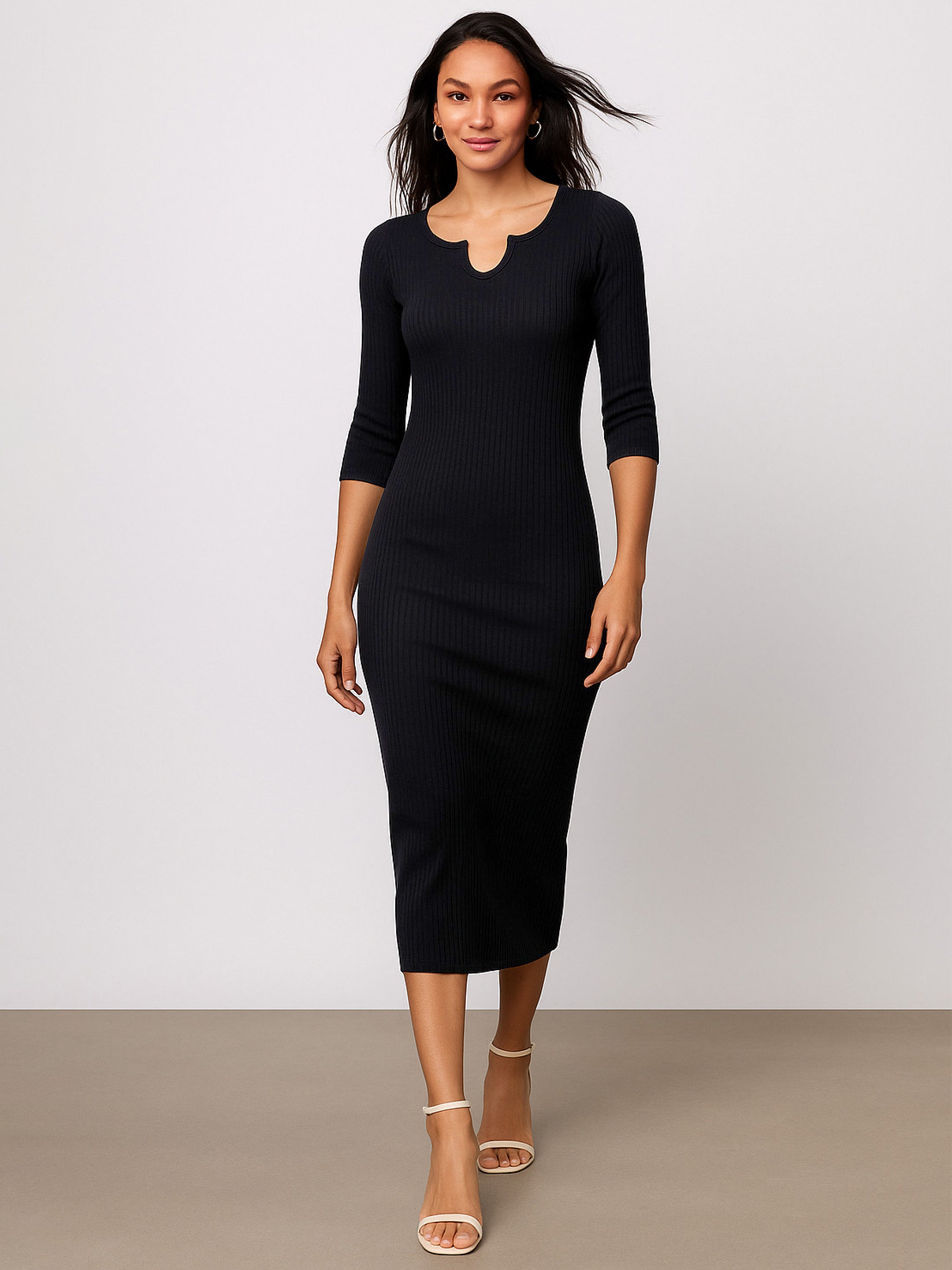 Women's Black Rib Basic V-Neck Midi Dress