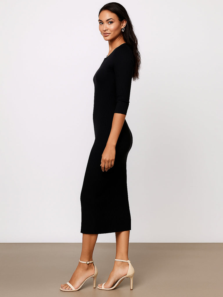 Women's Black Rib Basic V-Neck Midi Dress
