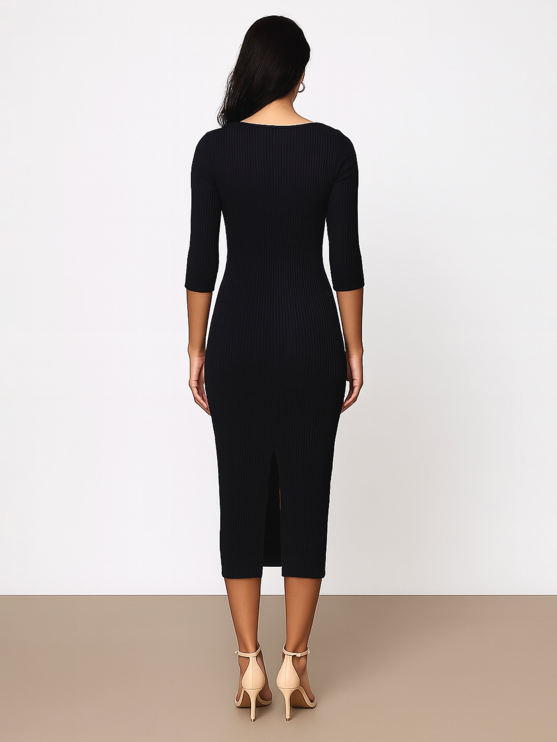 Women's Black Rib Basic V-Neck Midi Dress