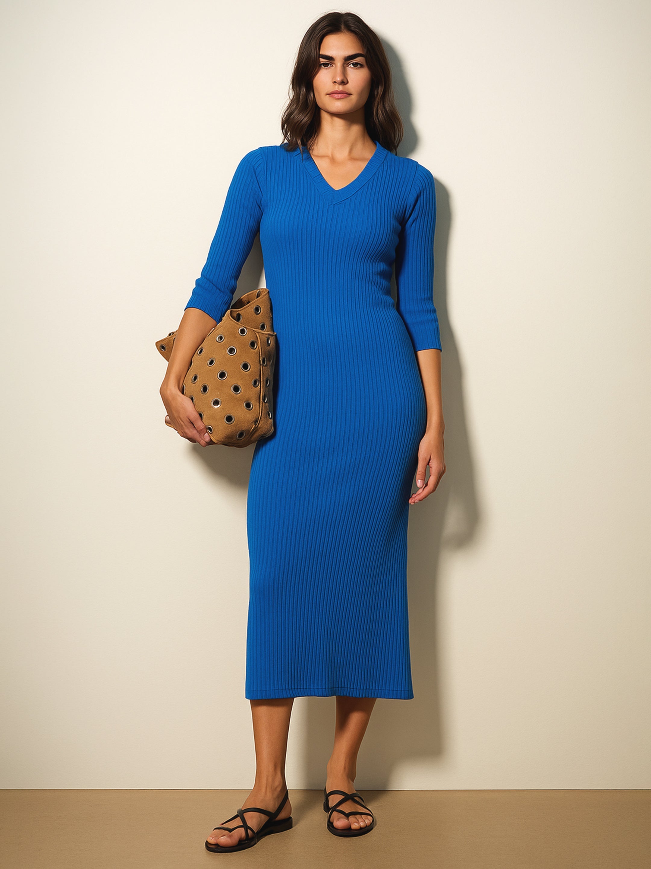Women's Royal Blue Rib Basic V-Neck Midi Dress