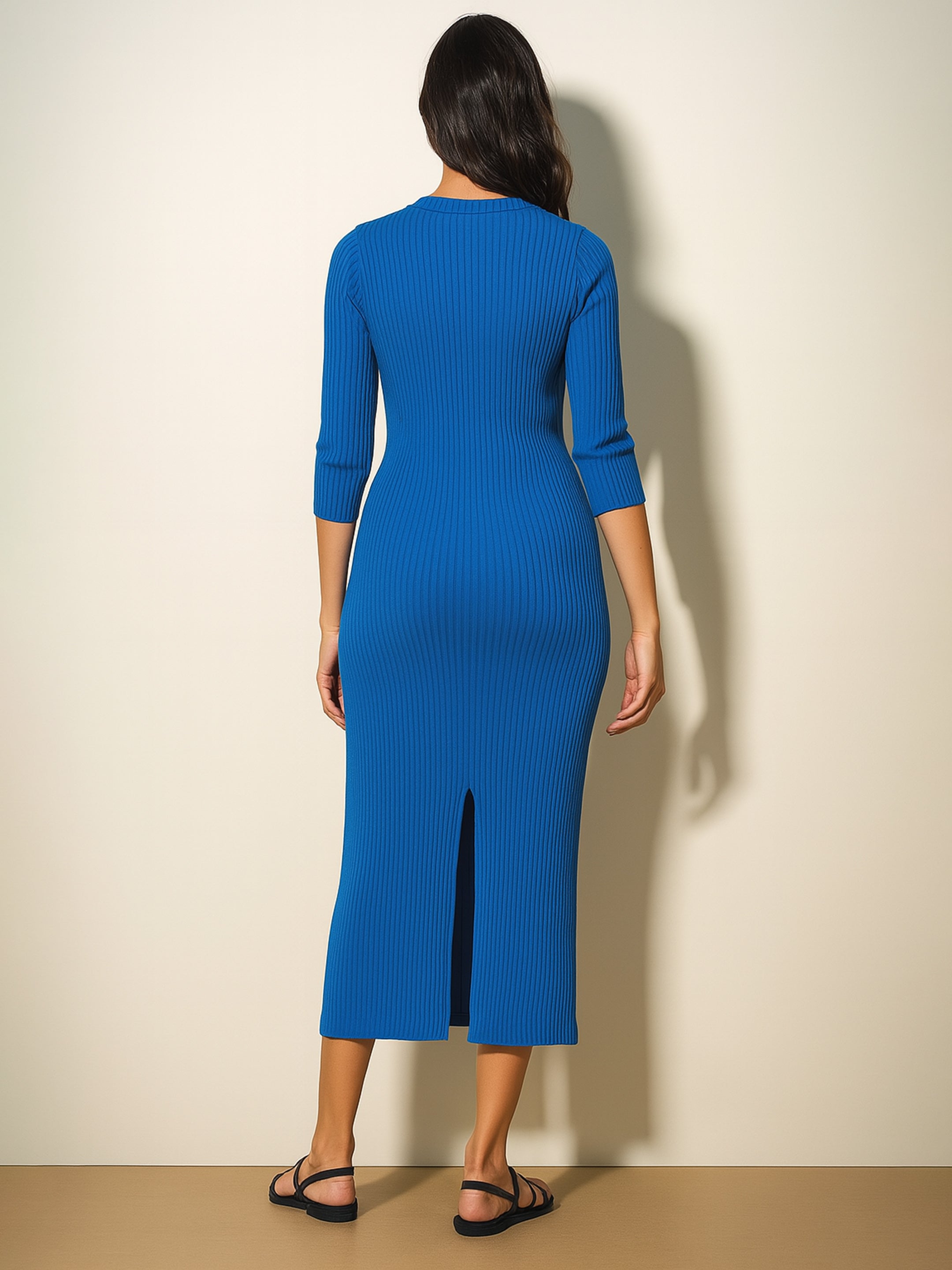 Women's Royal Blue Rib Basic V-Neck Midi Dress