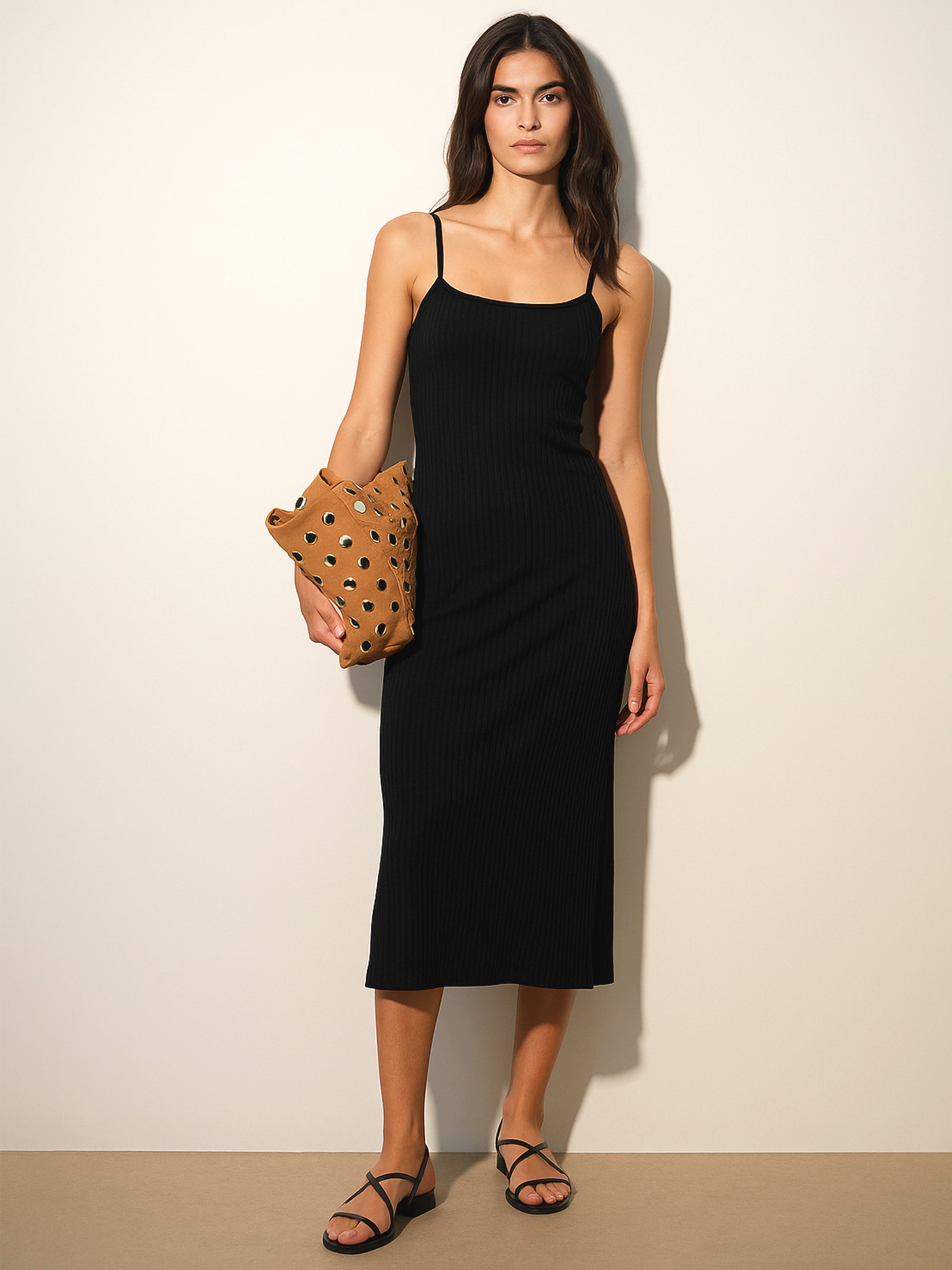 Women's Black Rib Strappy Slip-on Dress