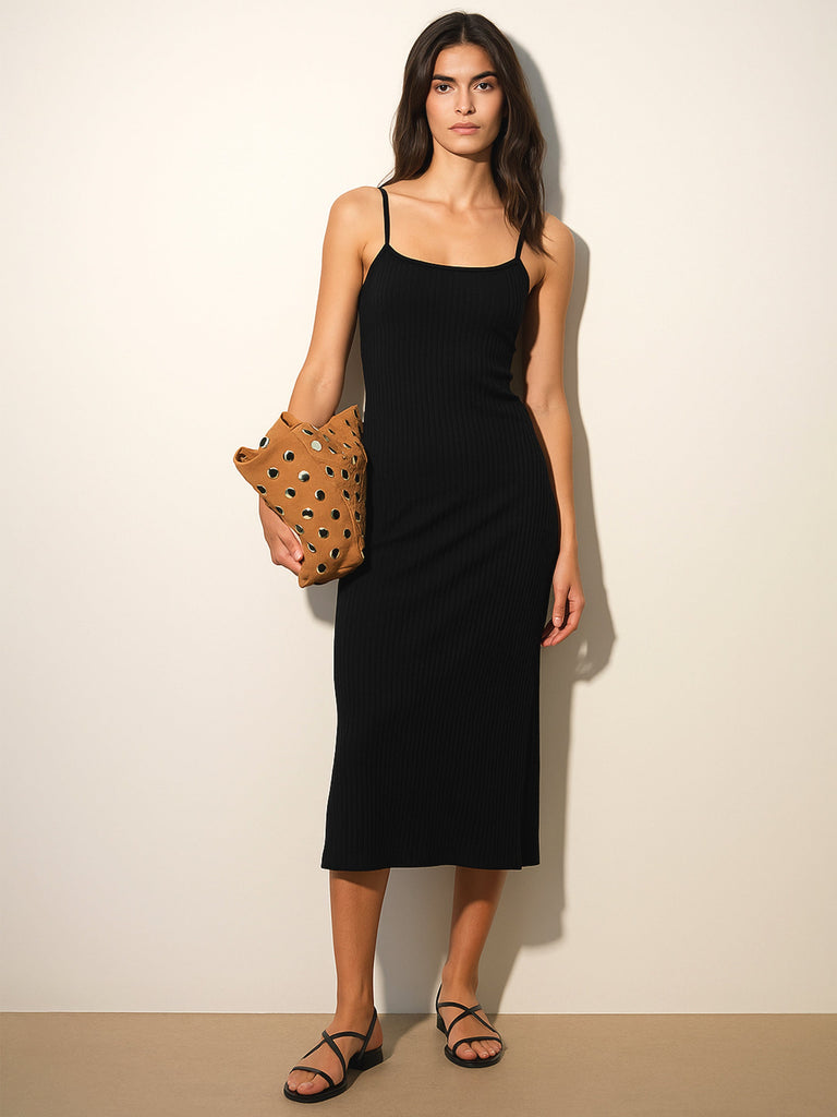 Women's Black Rib Strappy Slip-on Dress