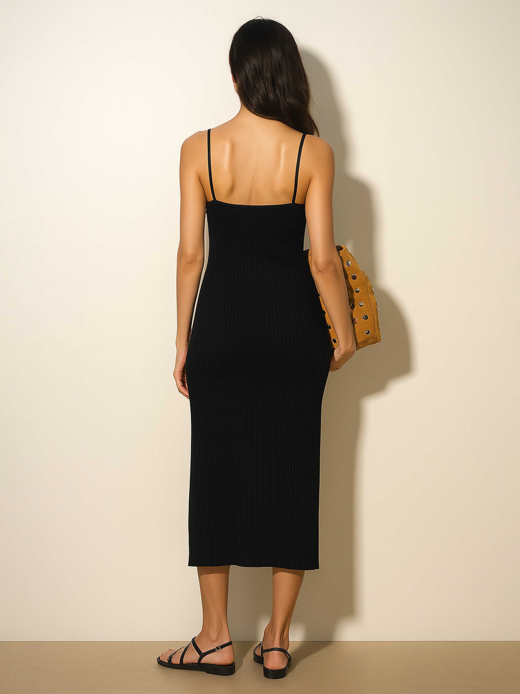 Women's Black Rib Strappy Slip-on Dress