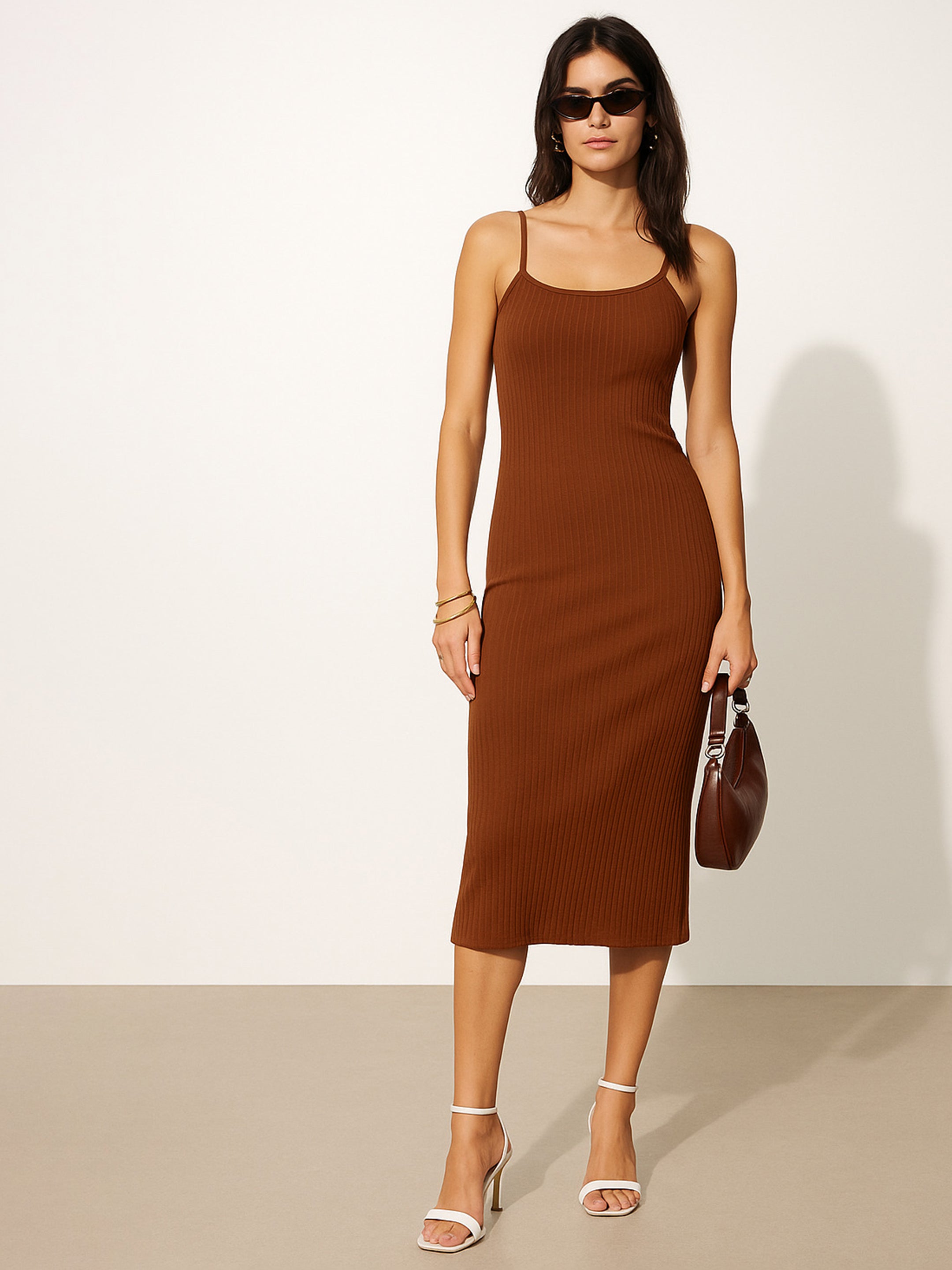 Women's Brown Rib Strappy Slip-on Dress