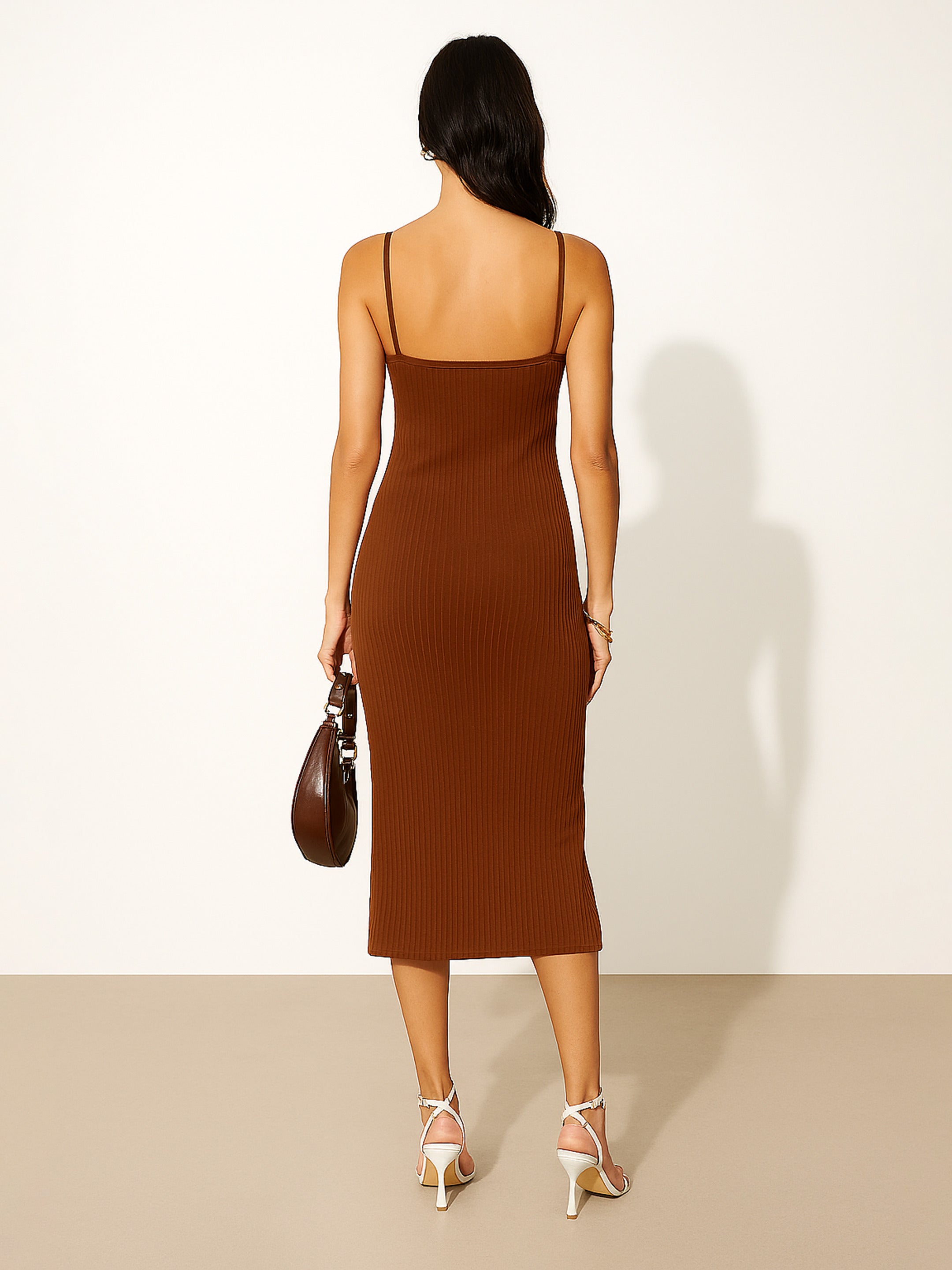 Women's Brown Rib Strappy Slip-on Dress