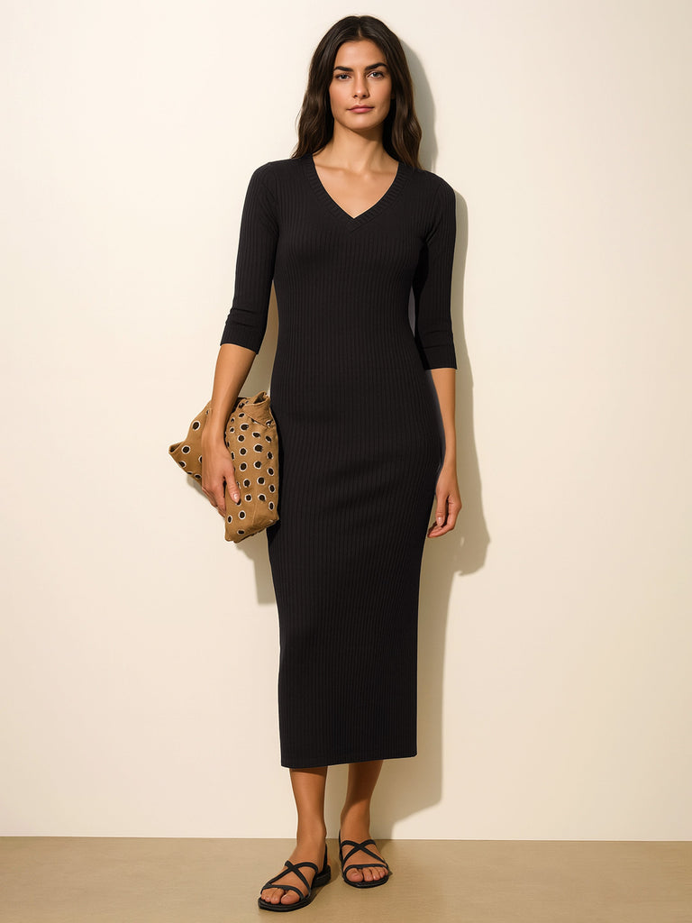 Women's Black Rib Deep V-Neck Ankle Midi Dress