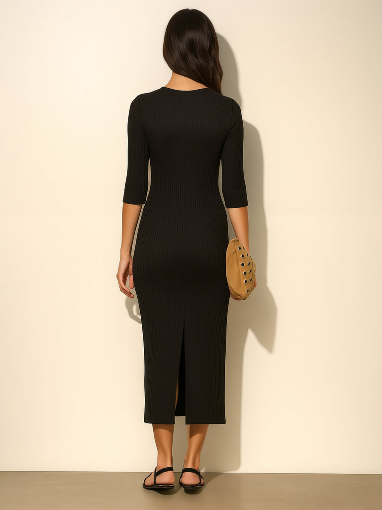 Women's Black Rib Deep V-Neck Ankle Midi Dress