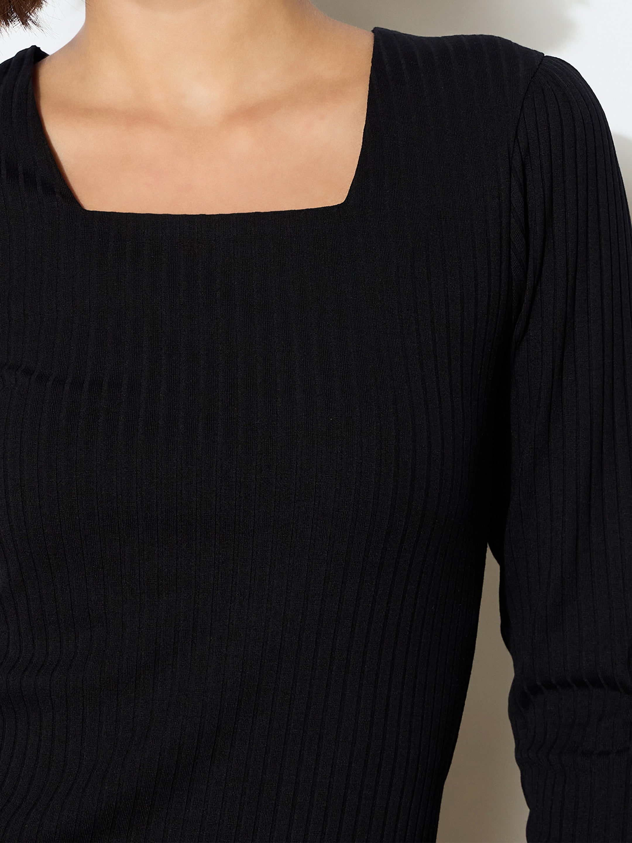 Women's Black Rib Square Neck FS Midi Dress
