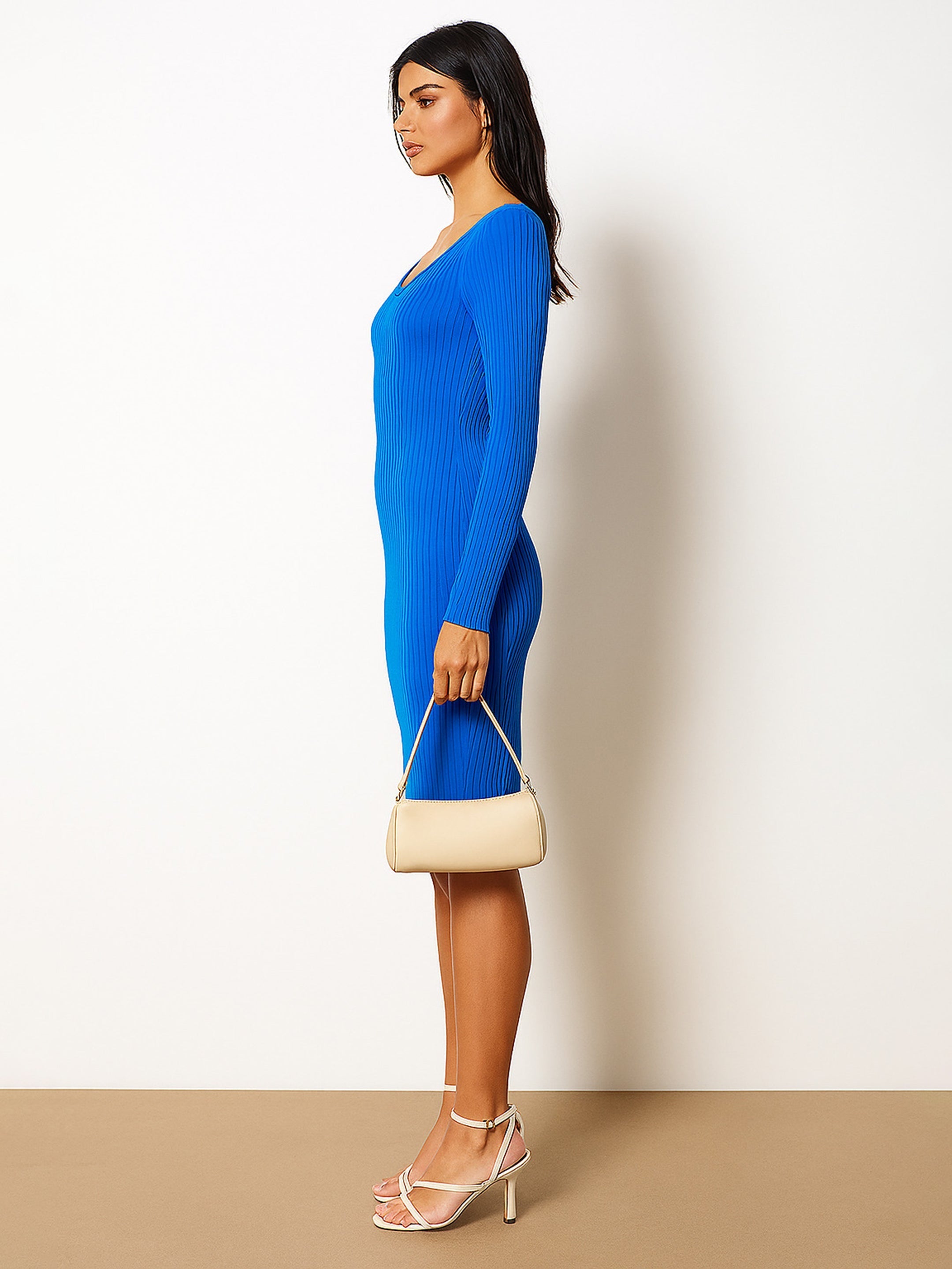 Women's Royal Blue Rib Sweetheart Neck Knee Dress