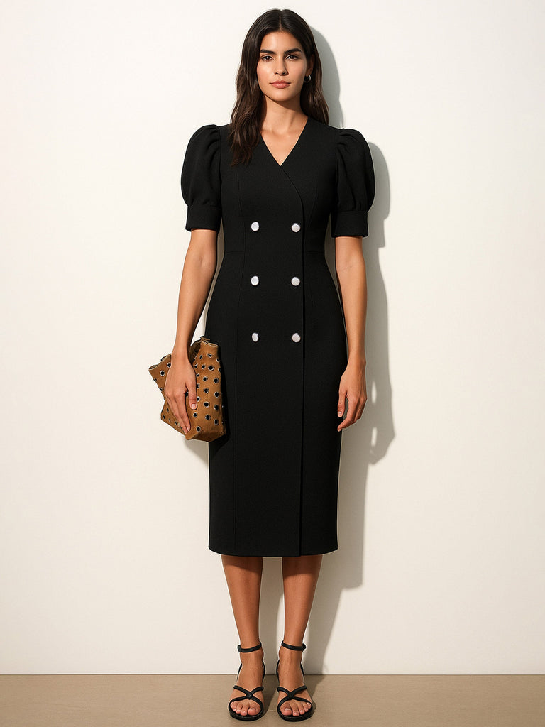 Women's Black Double Button Mock Placket Bodycon Dress