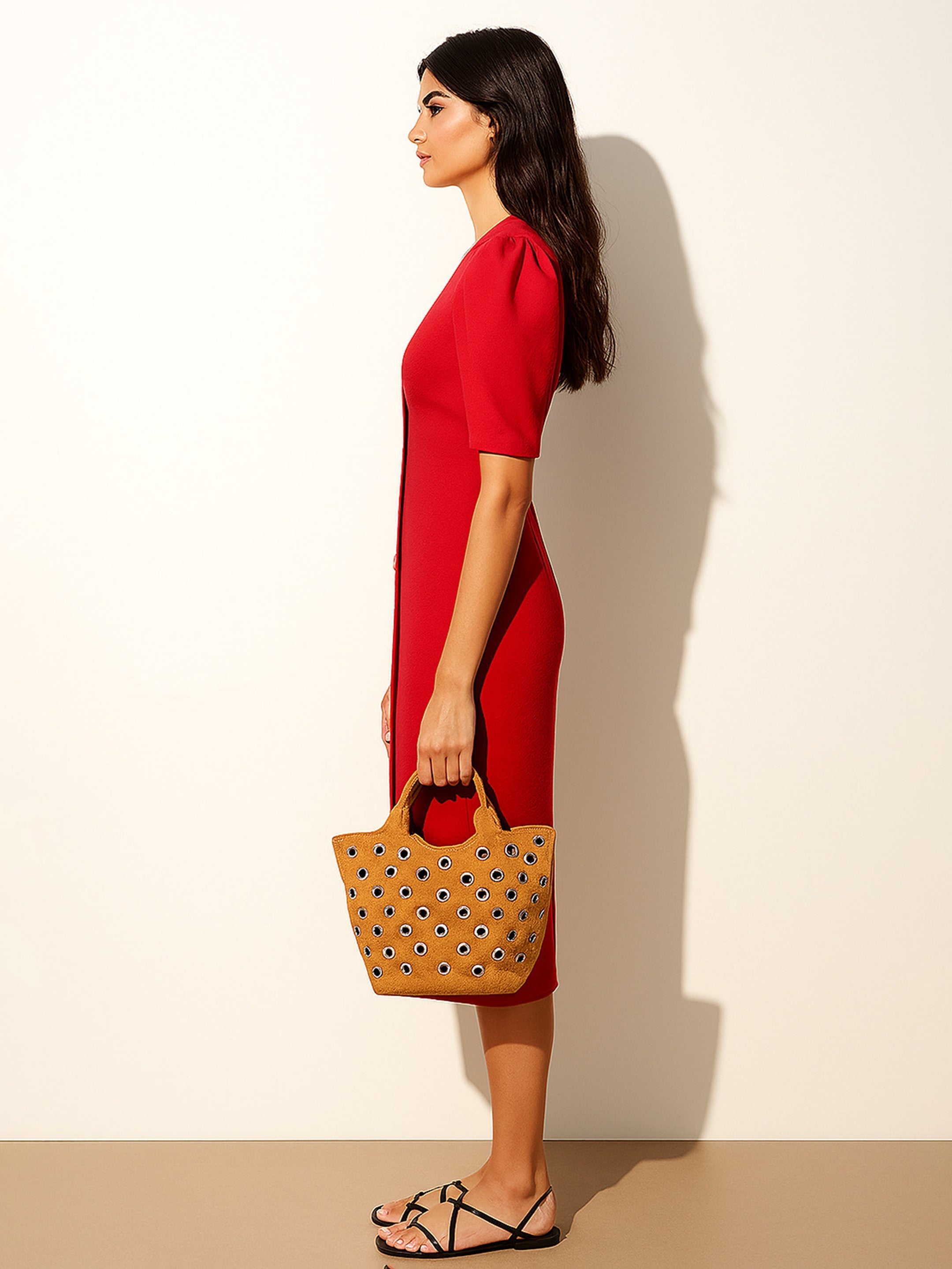 Women's Red Double Button Mock Placket Bodycon Dress