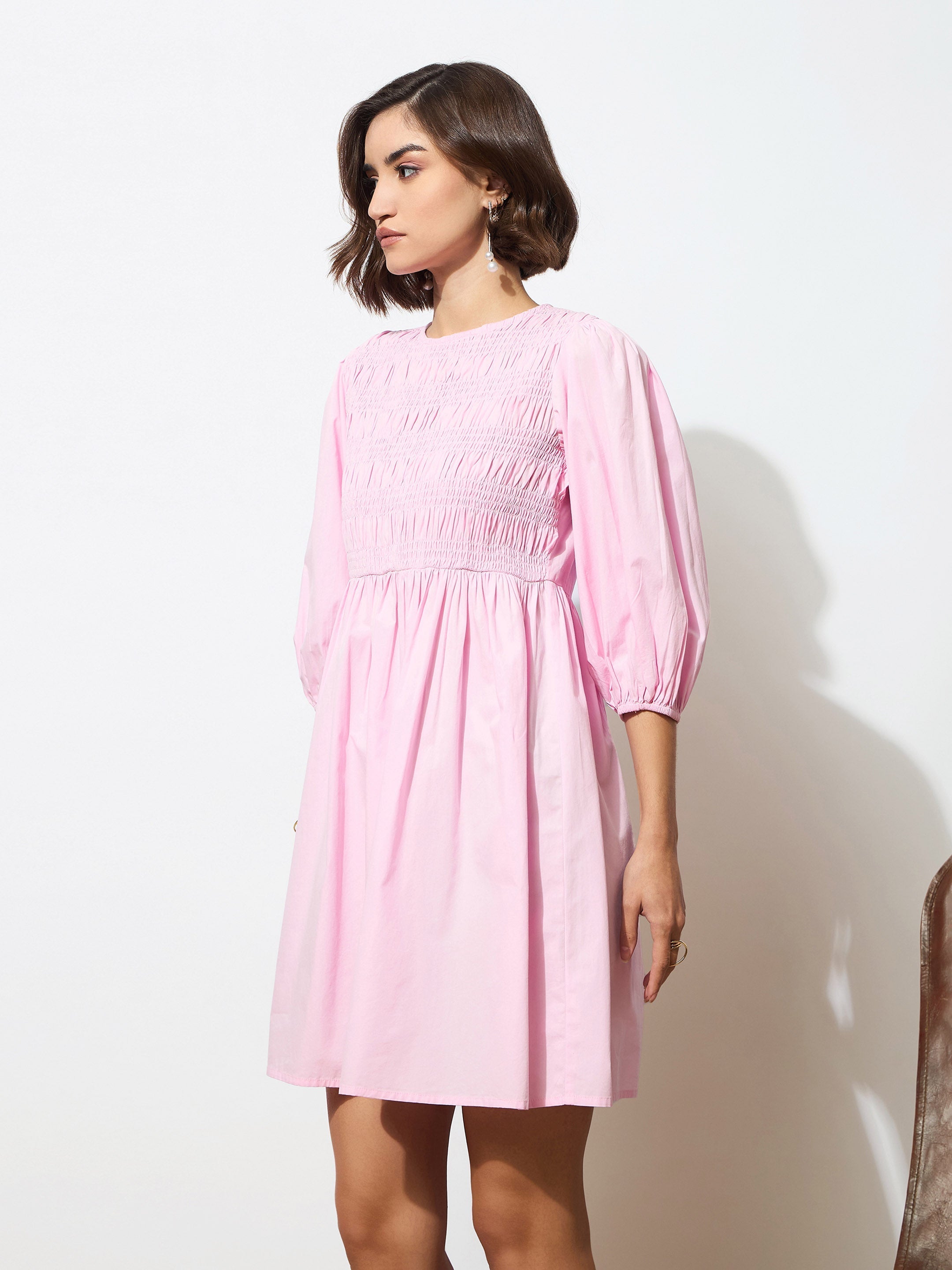 Women's Pink Poplin Smocked Gathered Dress