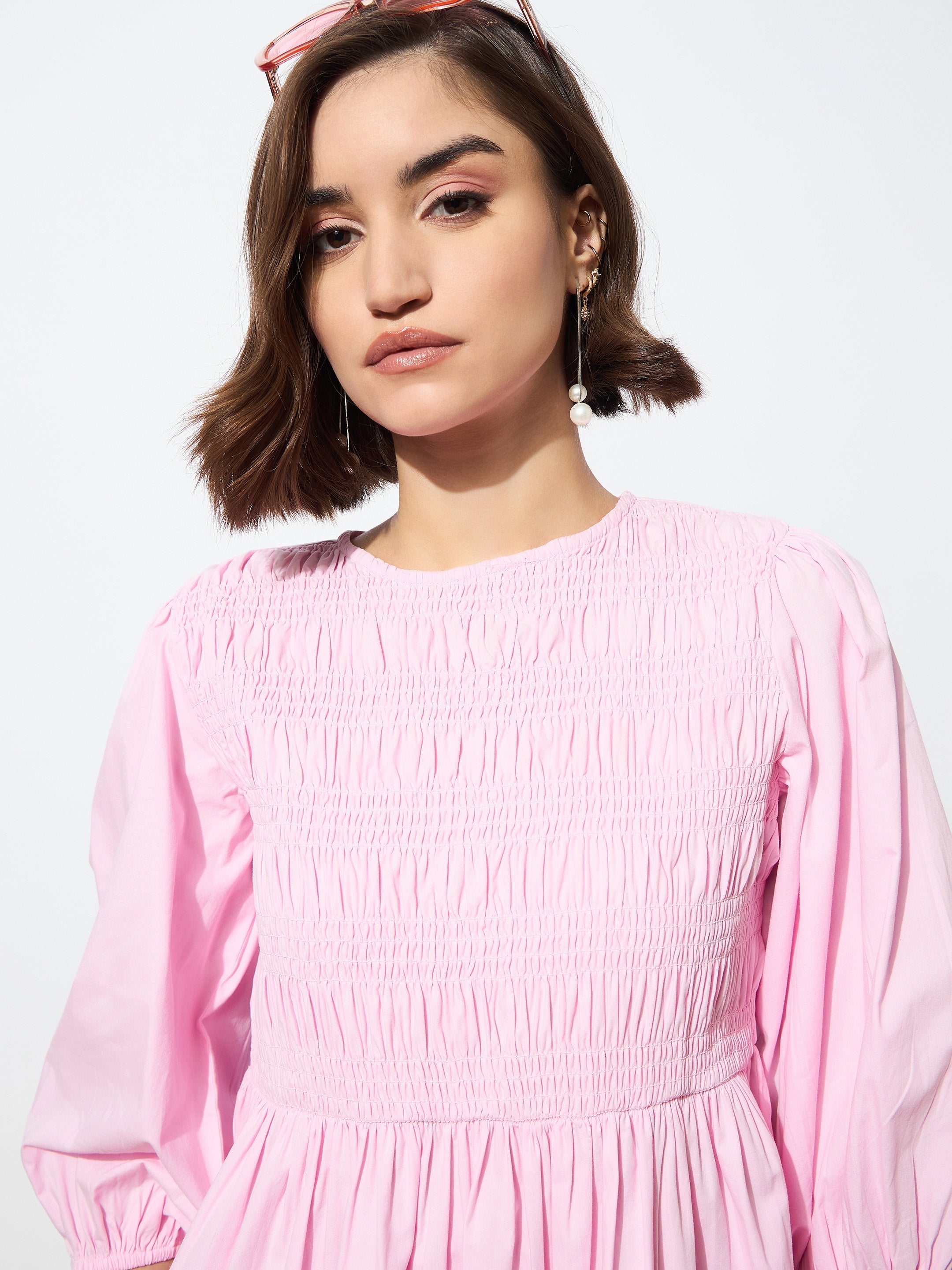 Women's Pink Poplin Smocked Gathered Dress