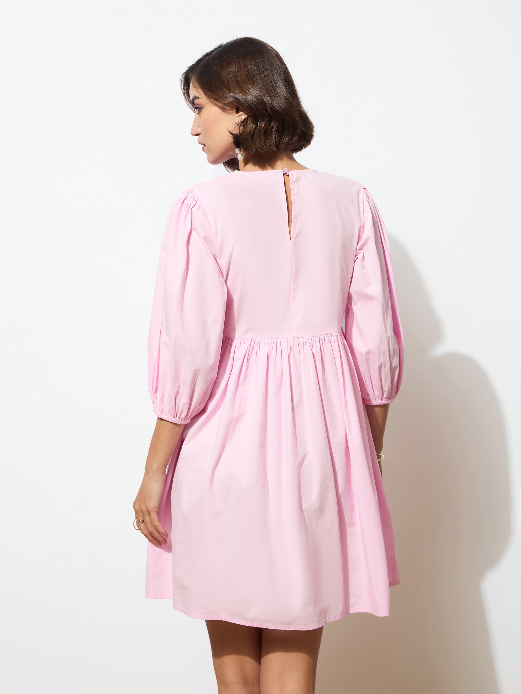 Women's Pink Poplin Smocked Gathered Dress