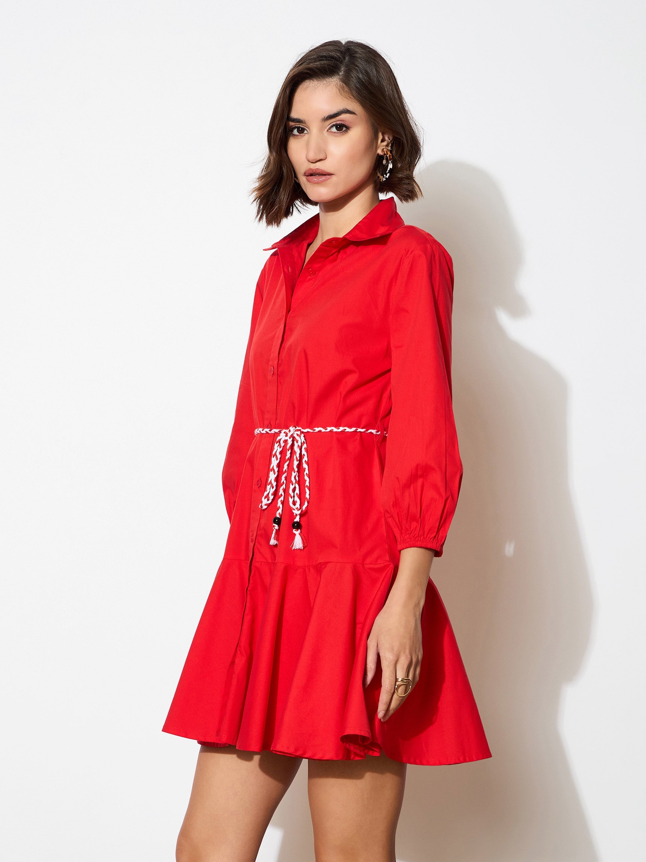 Women's Red Poplin Short Skater Dori-Belt Dress