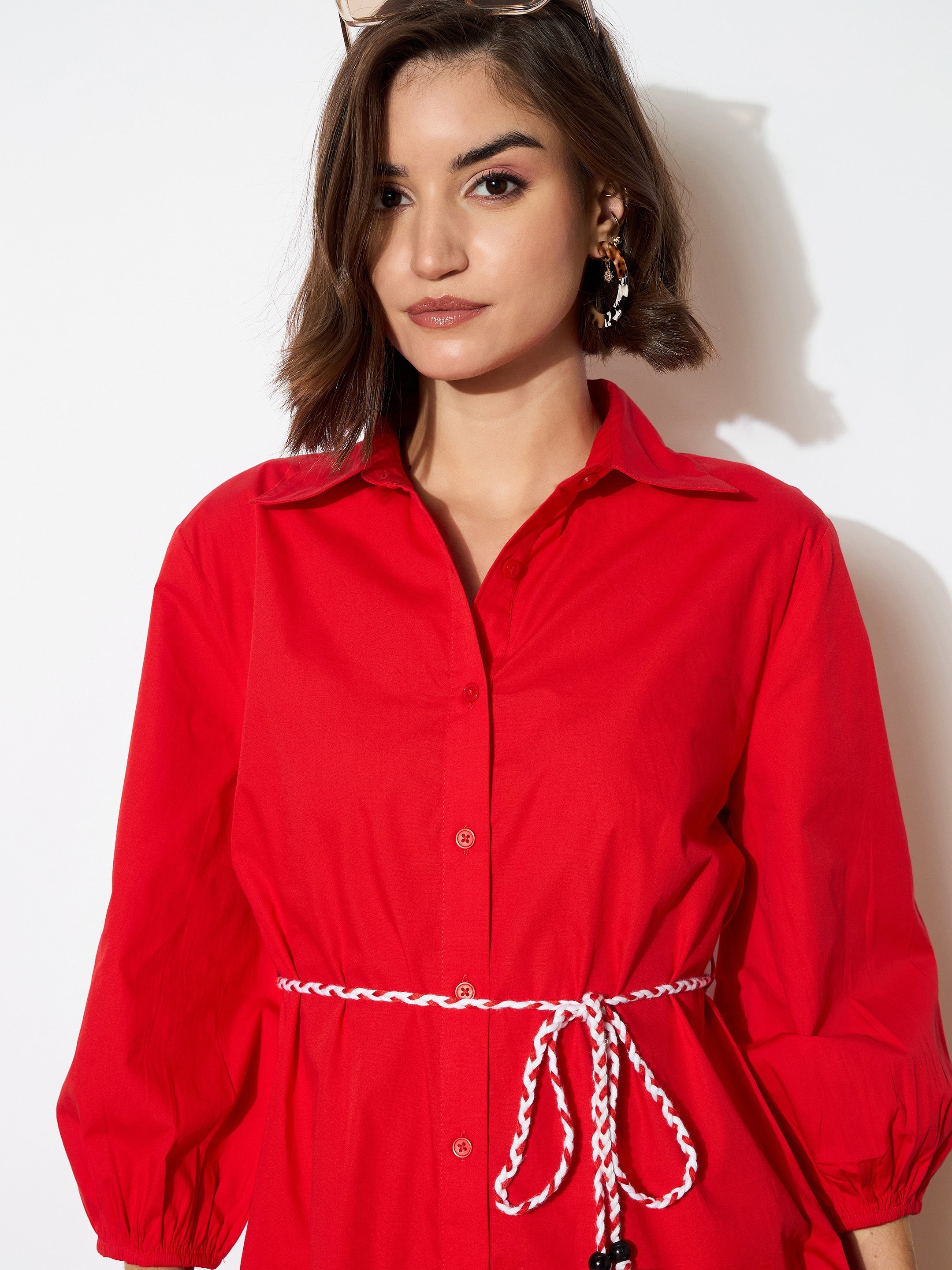 Women's Red Poplin Short Skater Dori-Belt Dress