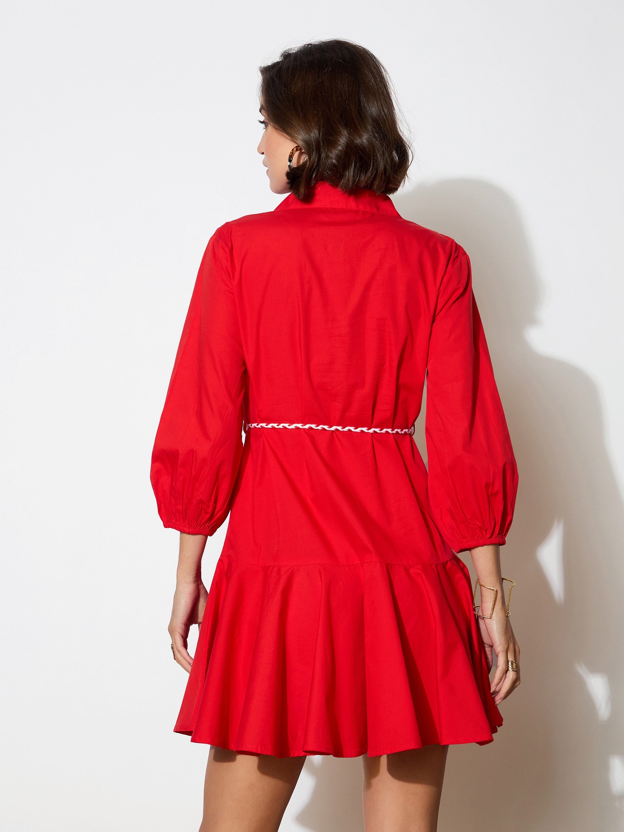 Women's Red Poplin Short Skater Dori-Belt Dress