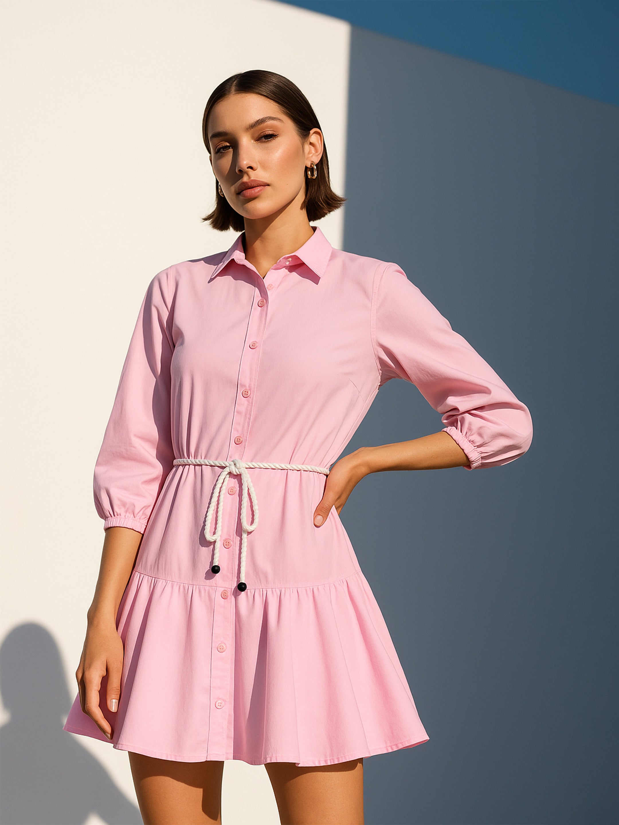 Women's Pink Poplin Short Skater Dori-Belt Dress