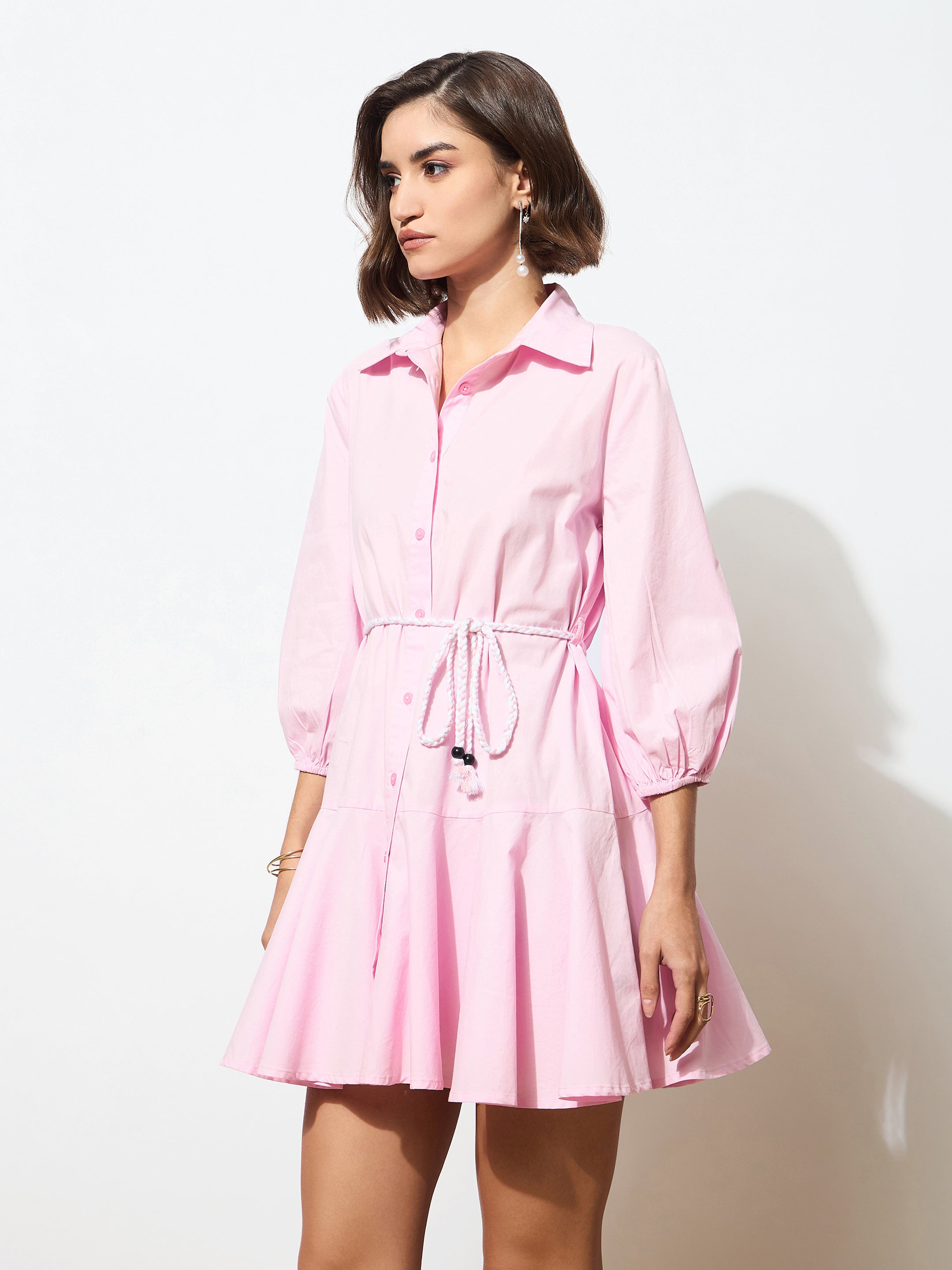 Women's Pink Poplin Short Skater Dori-Belt Dress