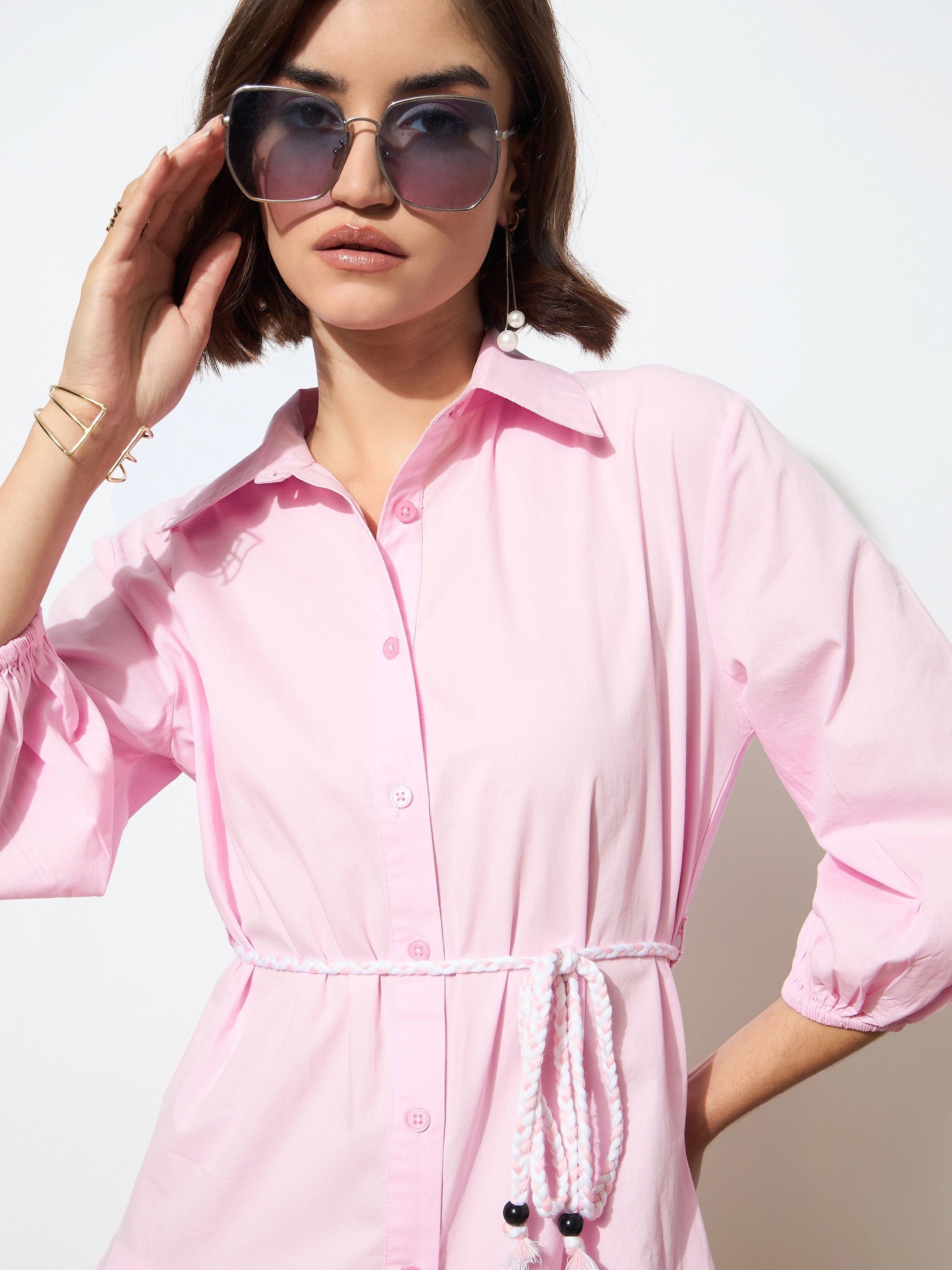Women's Pink Poplin Short Skater Dori-Belt Dress
