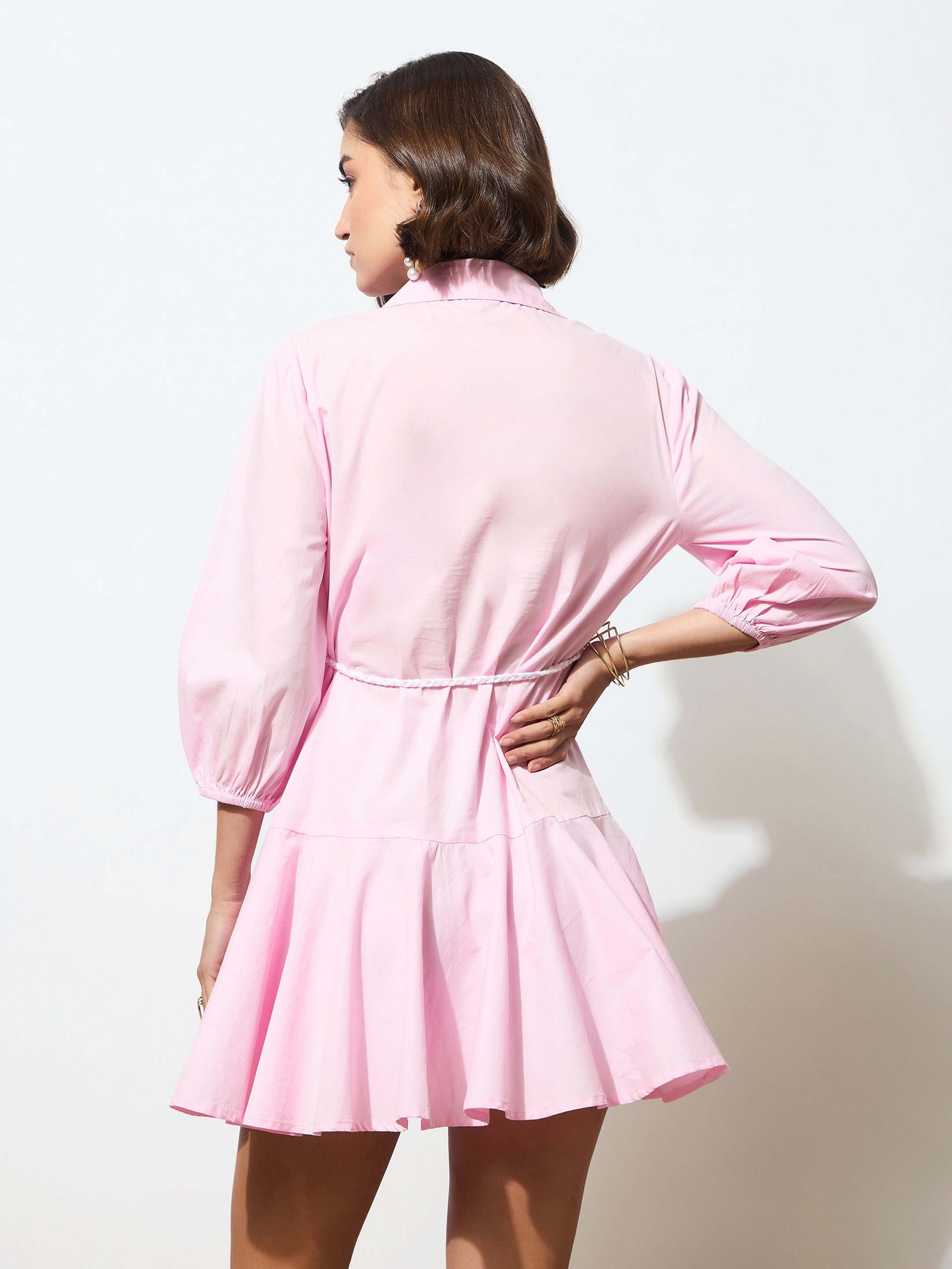 Women's Pink Poplin Short Skater Dori-Belt Dress