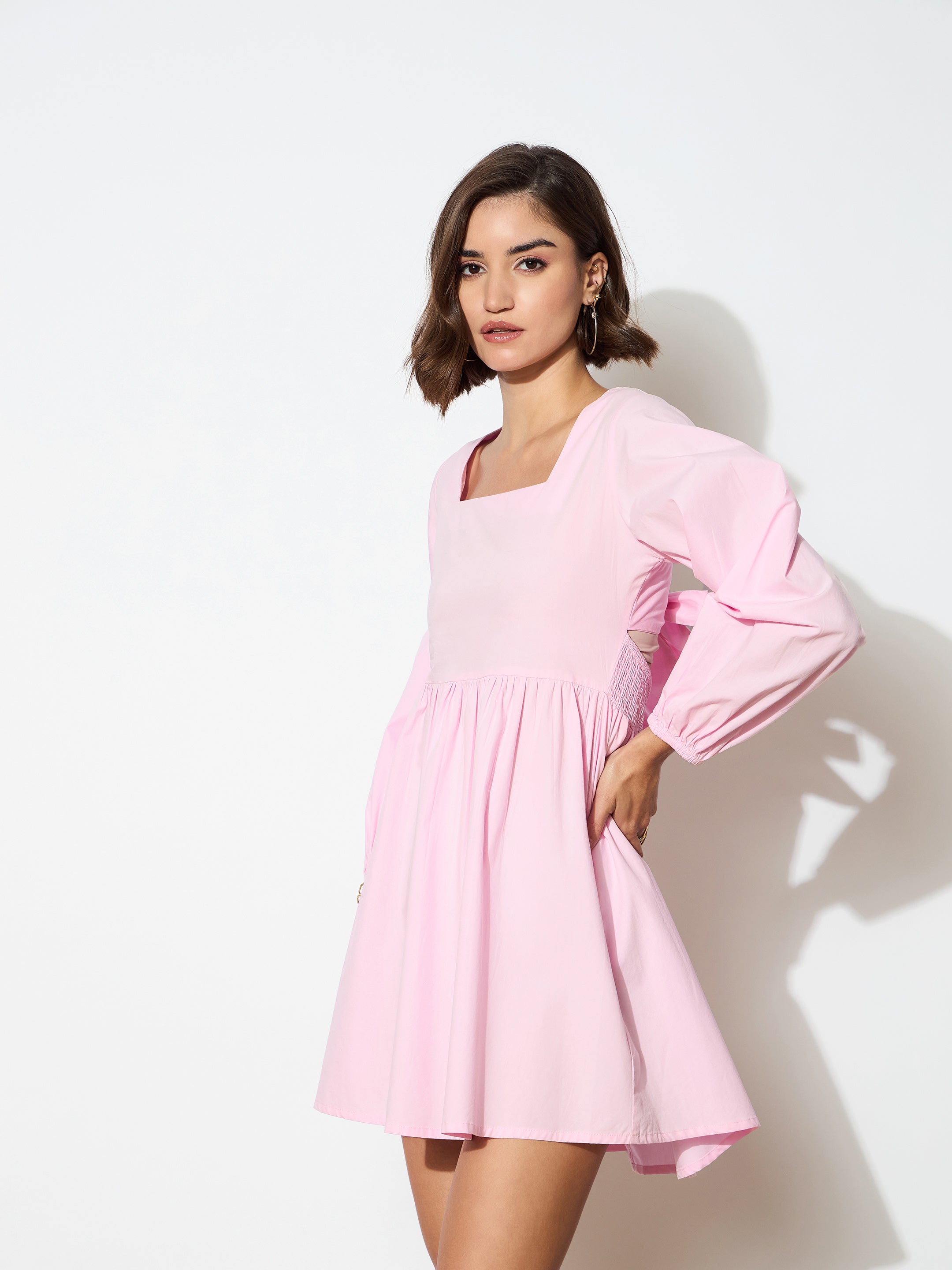 Women's Pink Poplin Back Tie Knot Dress
