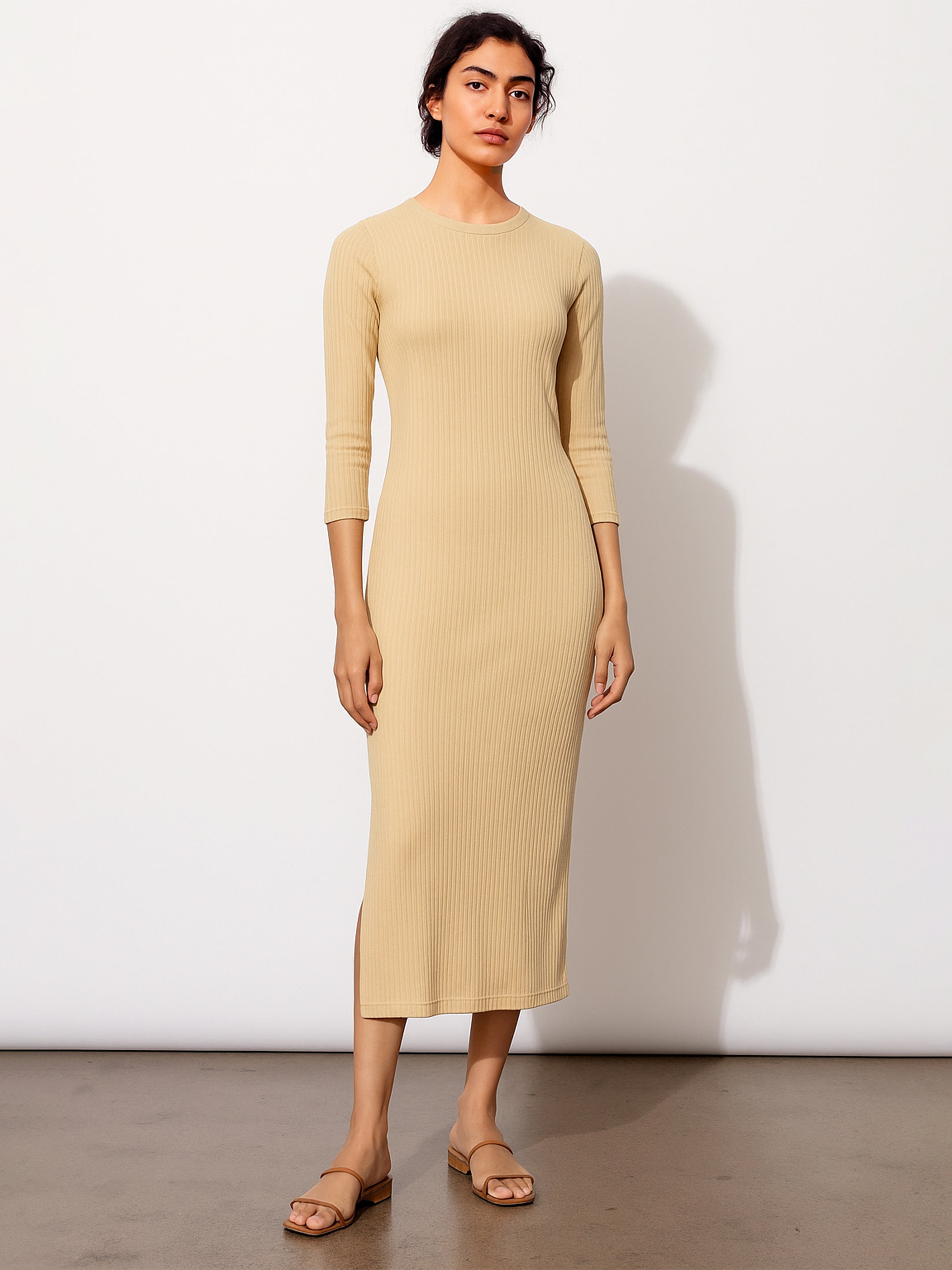 Women's Beige Rib Mock Round Neck Midi Dress