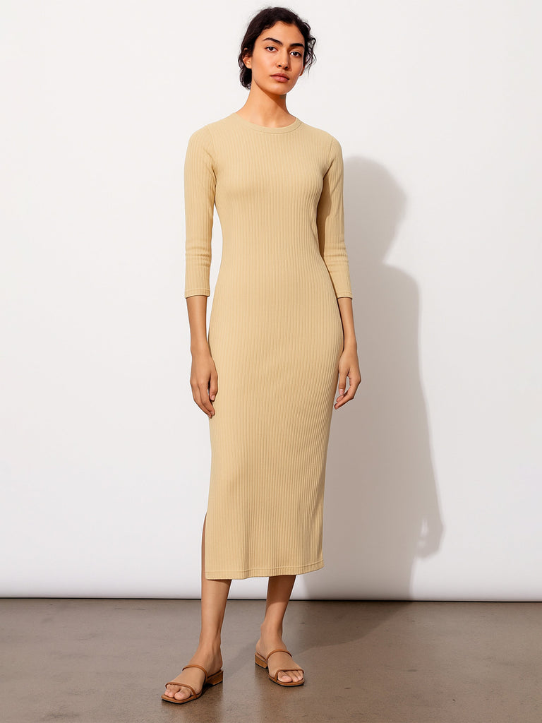 Women's Beige Rib Mock Round Neck Midi Dress