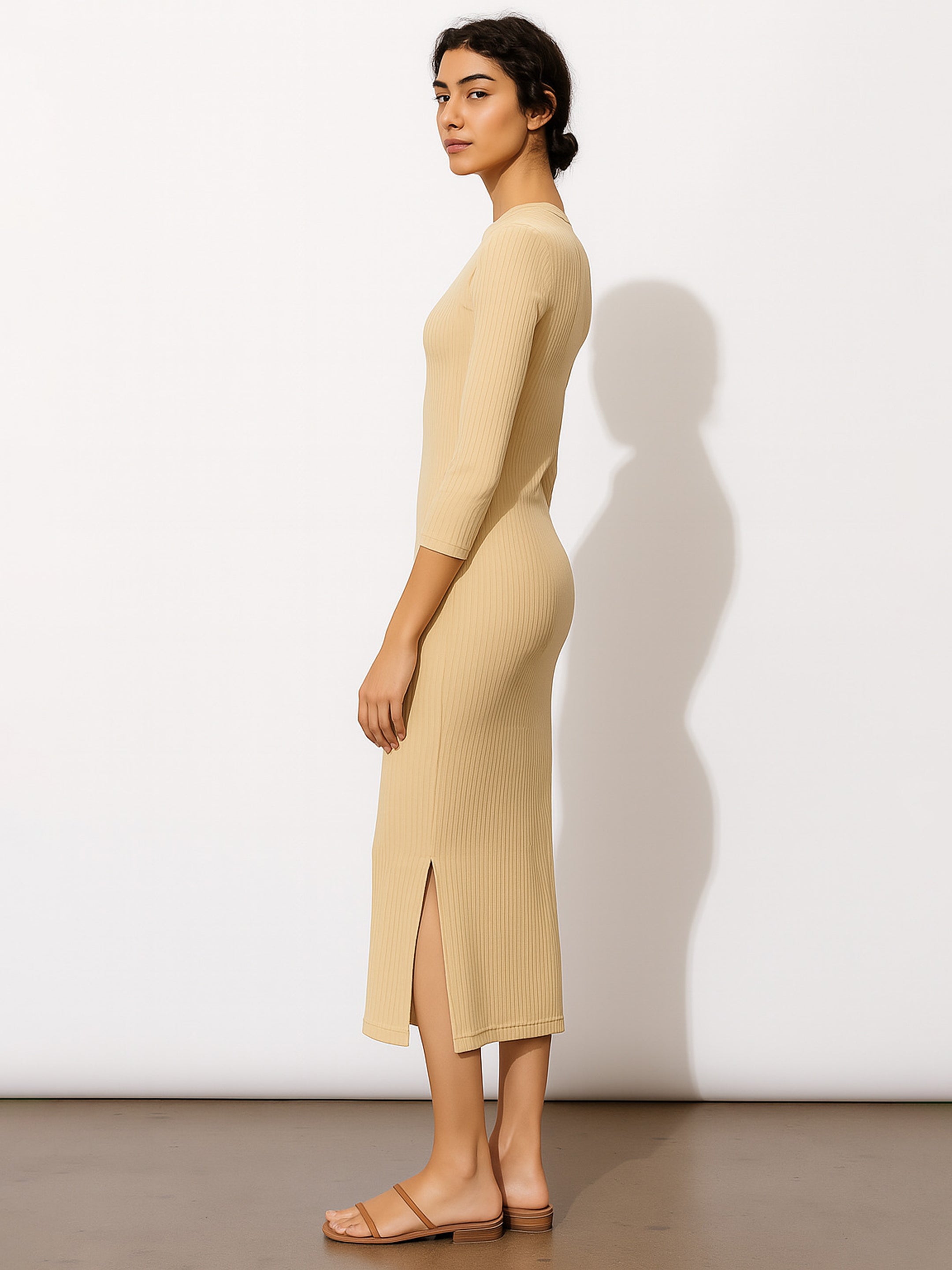 Women's Beige Rib Mock Round Neck Midi Dress