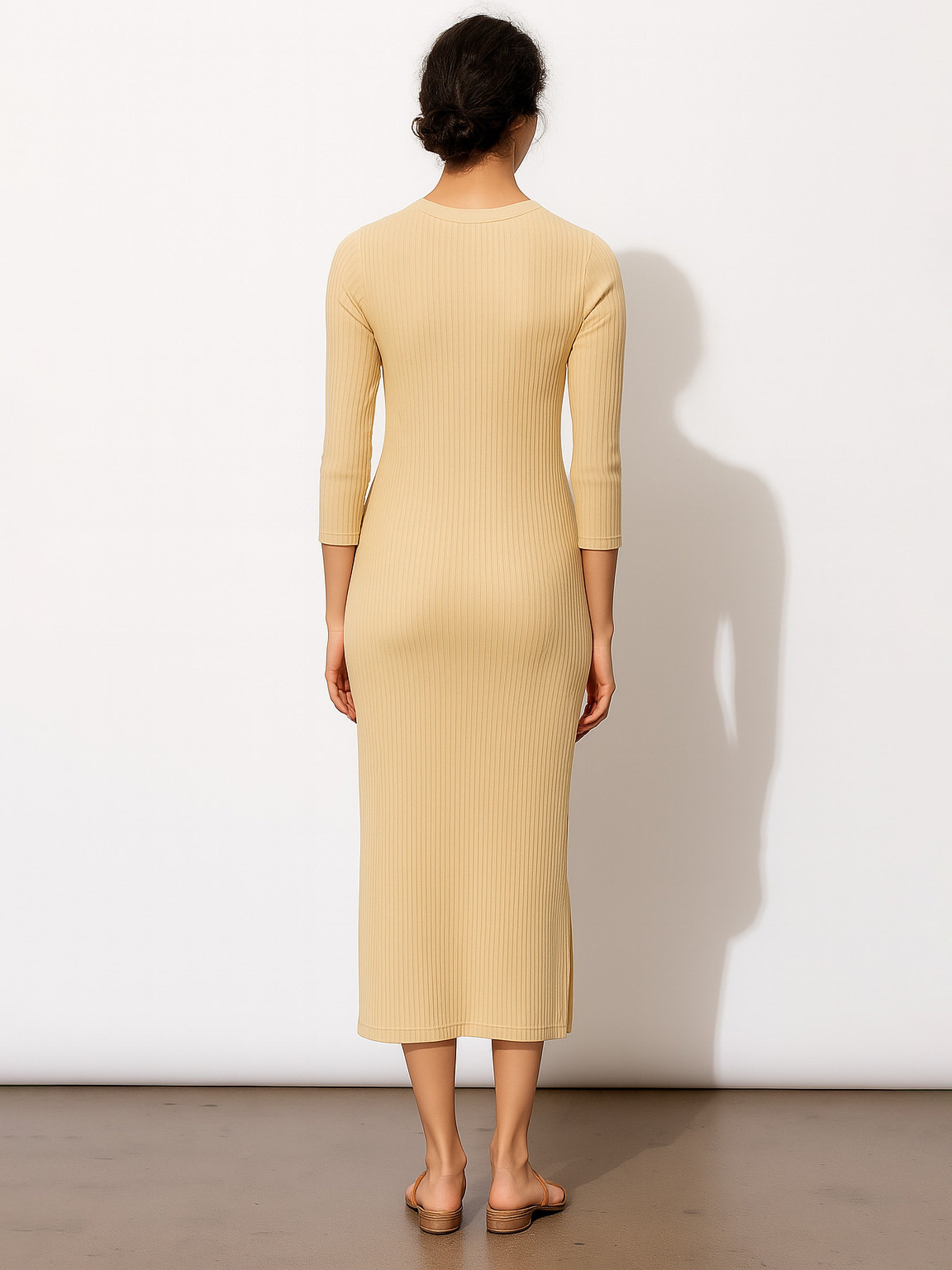 Women's Beige Rib Mock Round Neck Midi Dress