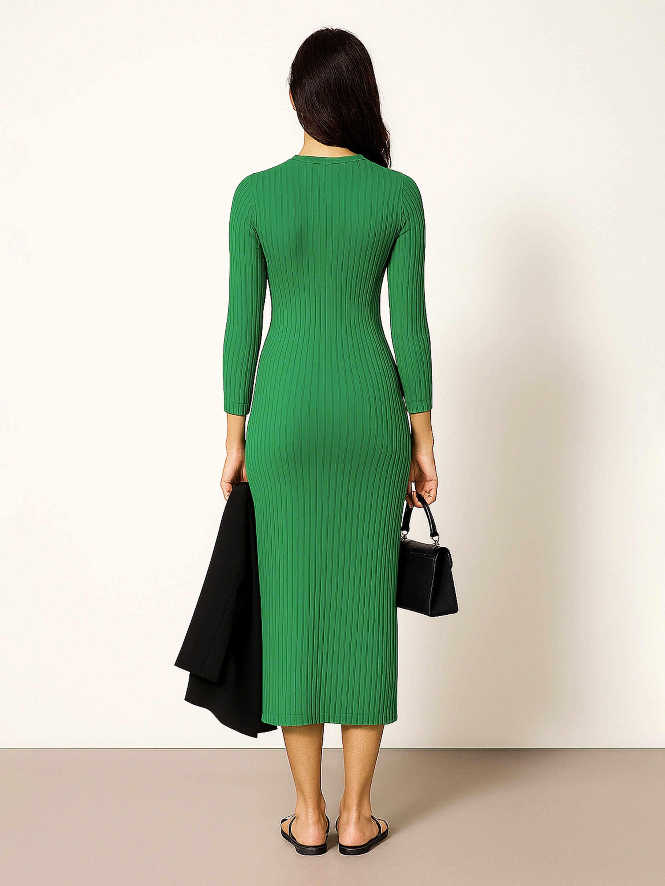 Women's Green Rib Mock Round Neck Midi Dress