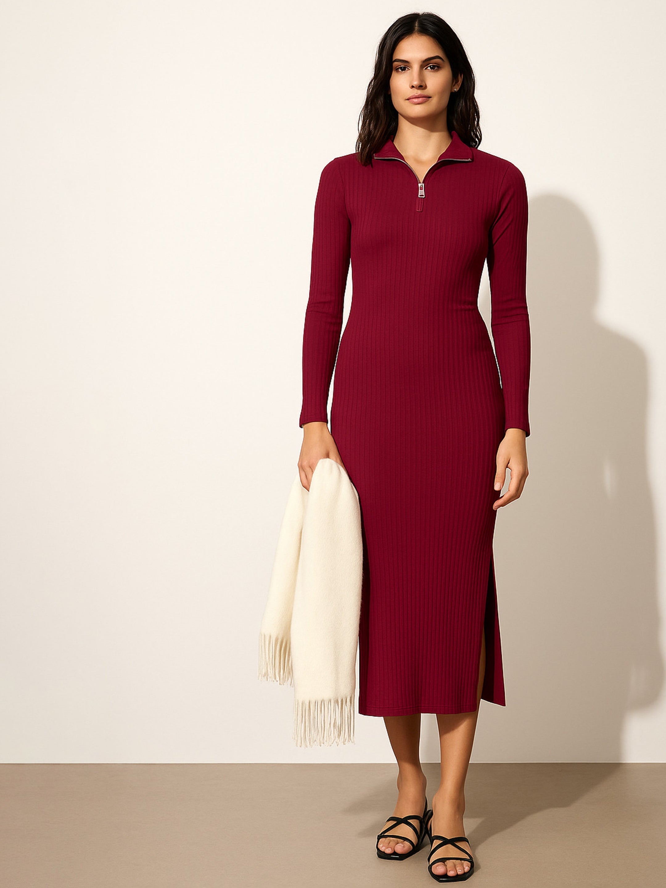 Women's Maroon Rib High Neck Front Half Zipper Dress