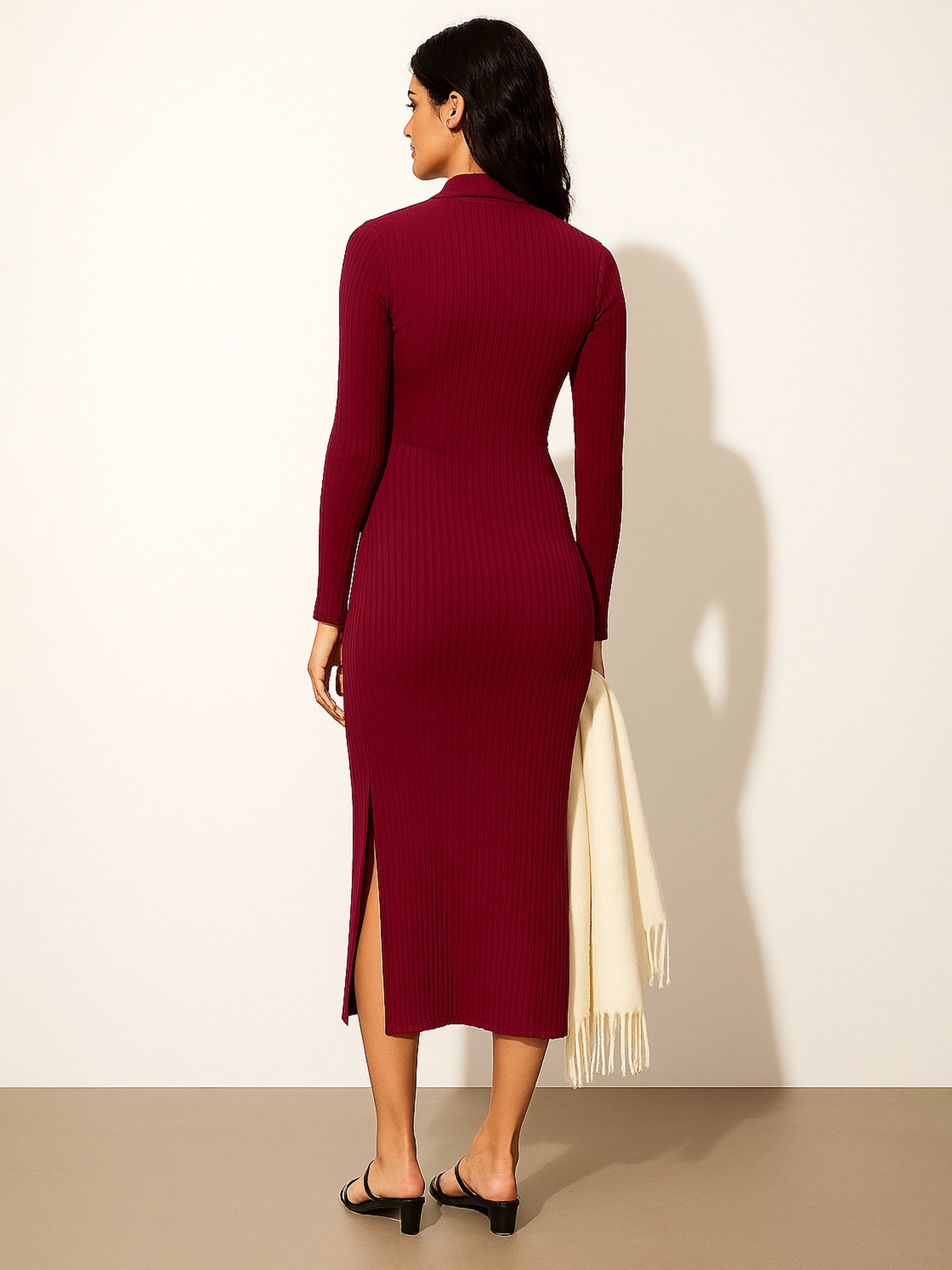 Women's Maroon Rib High Neck Front Half Zipper Dress