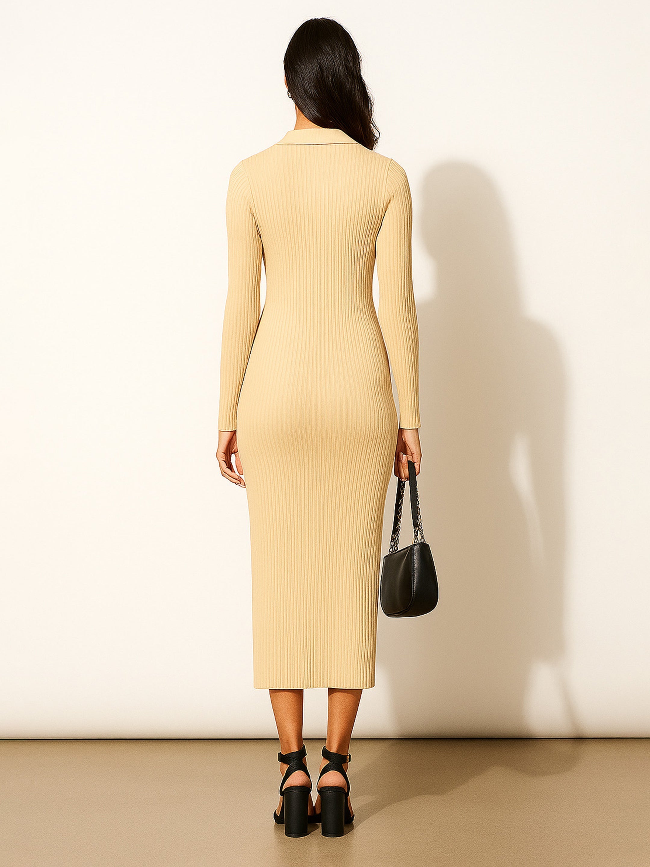 Women's Beige Rib Polo Neck Bodycon Midi Dress
