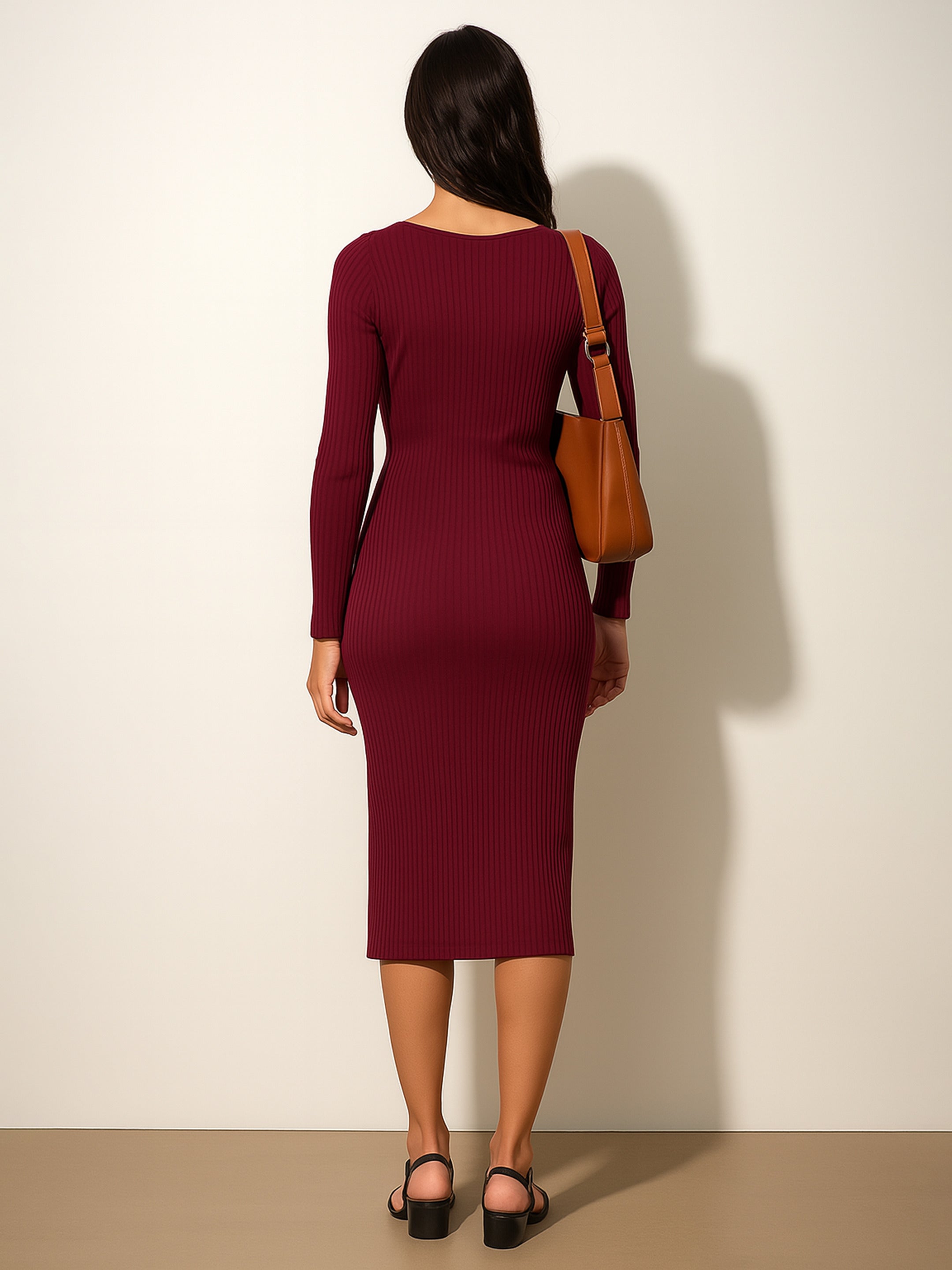 Women's Maroon Rib Sweetheart Neck Knee Dress