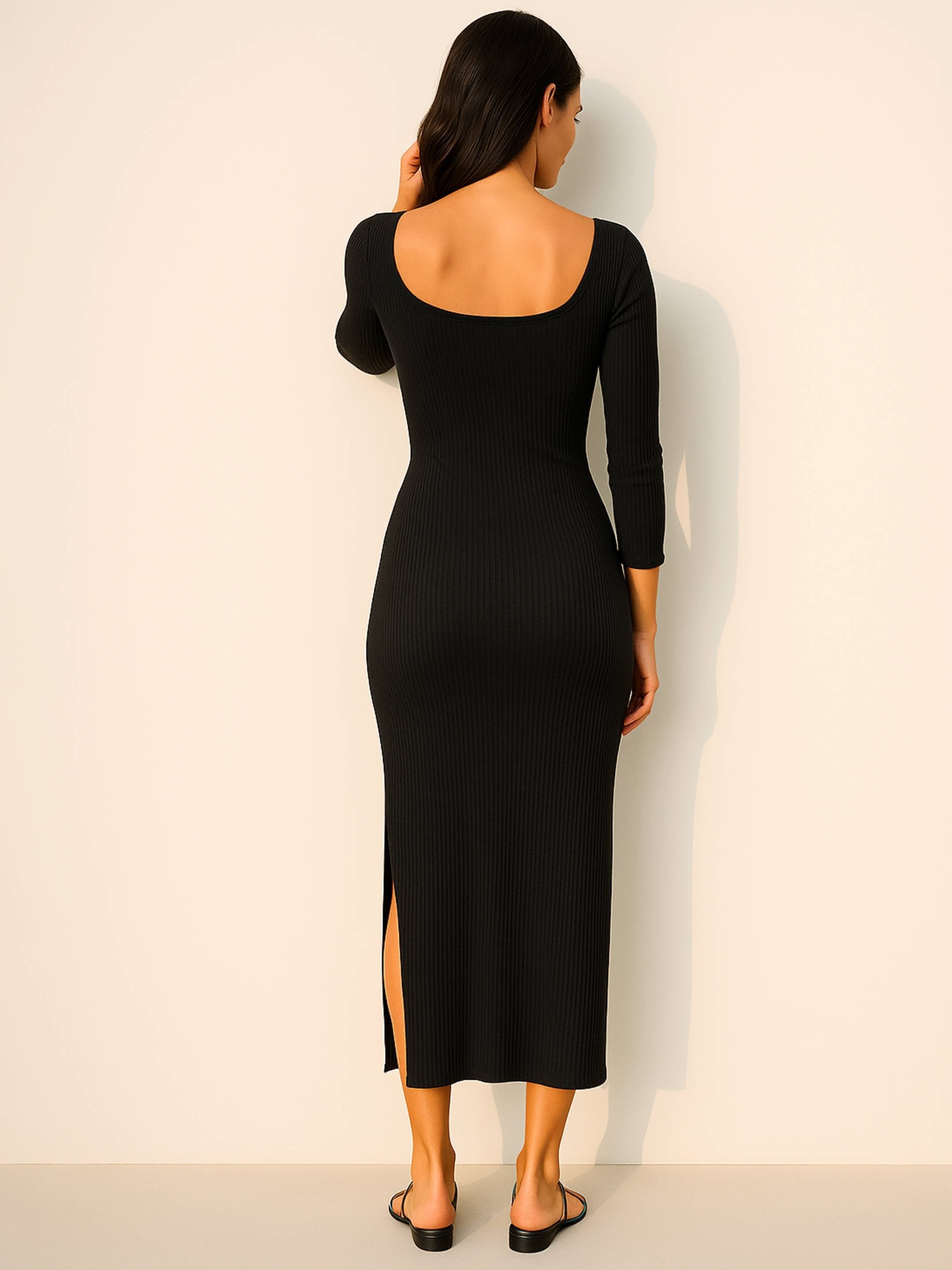 Women's Black Rib Side Slit Wrap Neck Cut-Out Midi Dress
