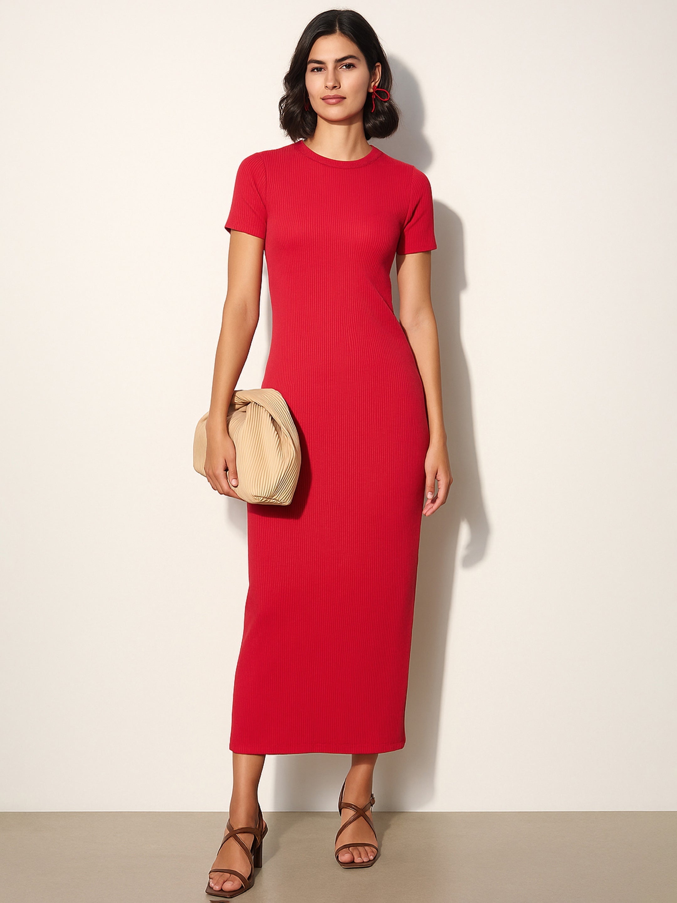 Women's Red Rib Bodycon Back Slit Maxi Dress