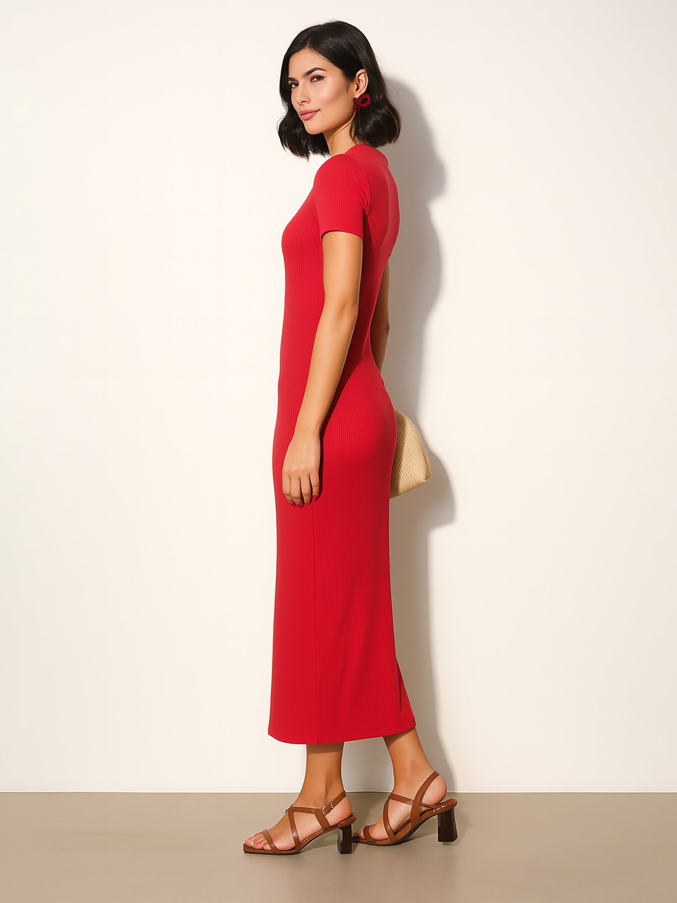 Women's Red Rib Bodycon Back Slit Maxi Dress